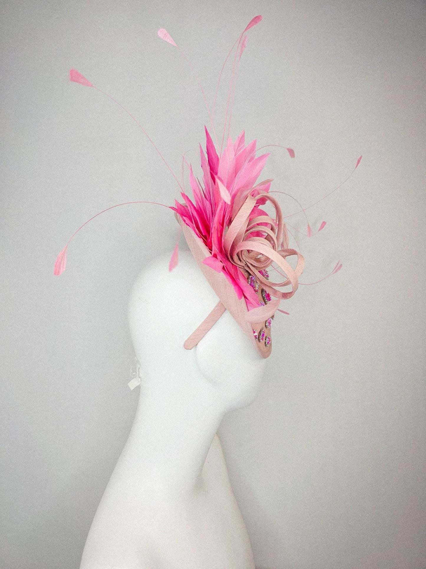 kentucky derby hat fascinator champagne pink shantung saucer iridescent pink crystal rhinestone jewels shantung bow and blush pink feathers