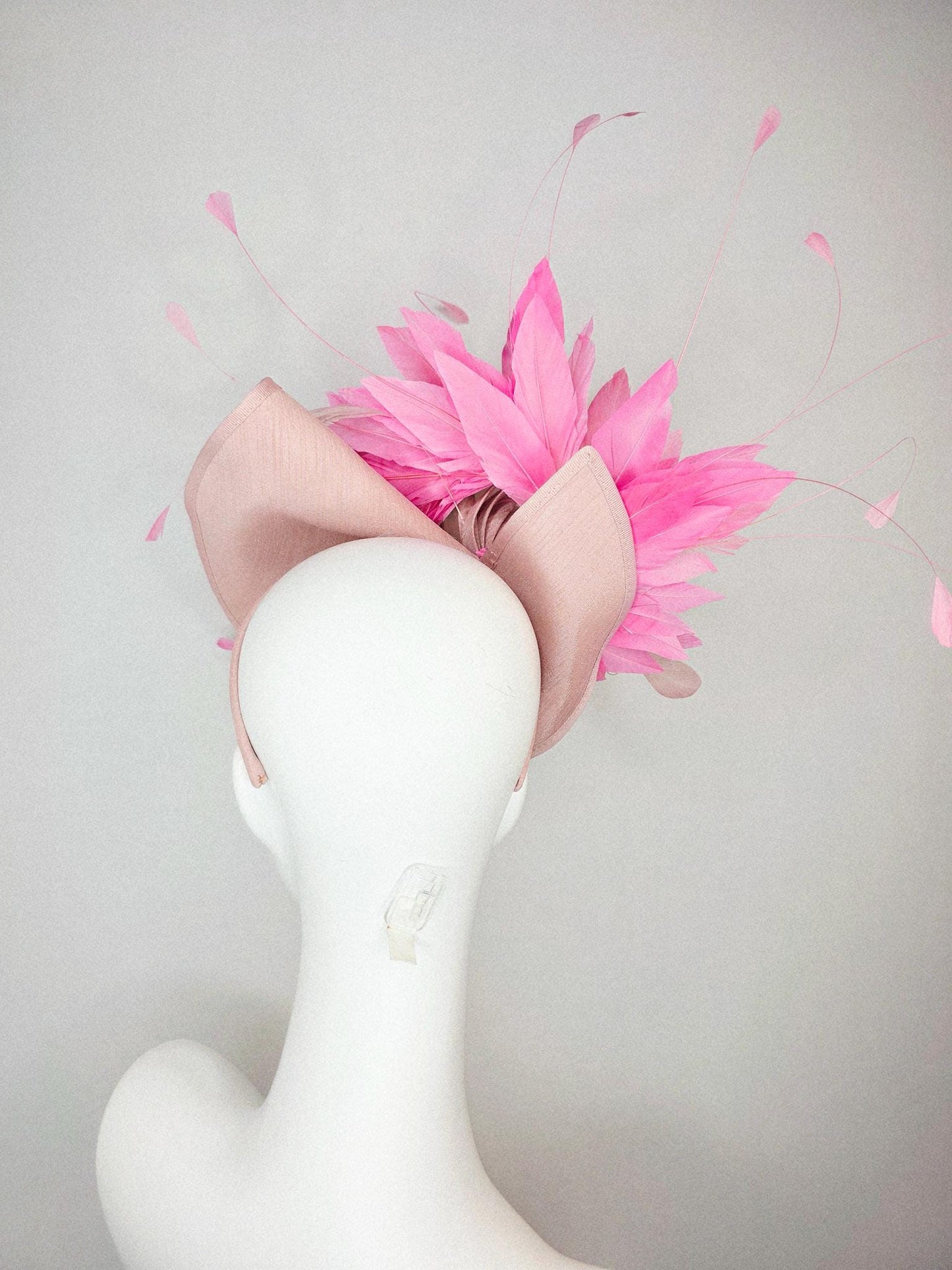 kentucky derby hat fascinator champagne pink shantung saucer iridescent pink crystal rhinestone jewels shantung bow and blush pink feathers