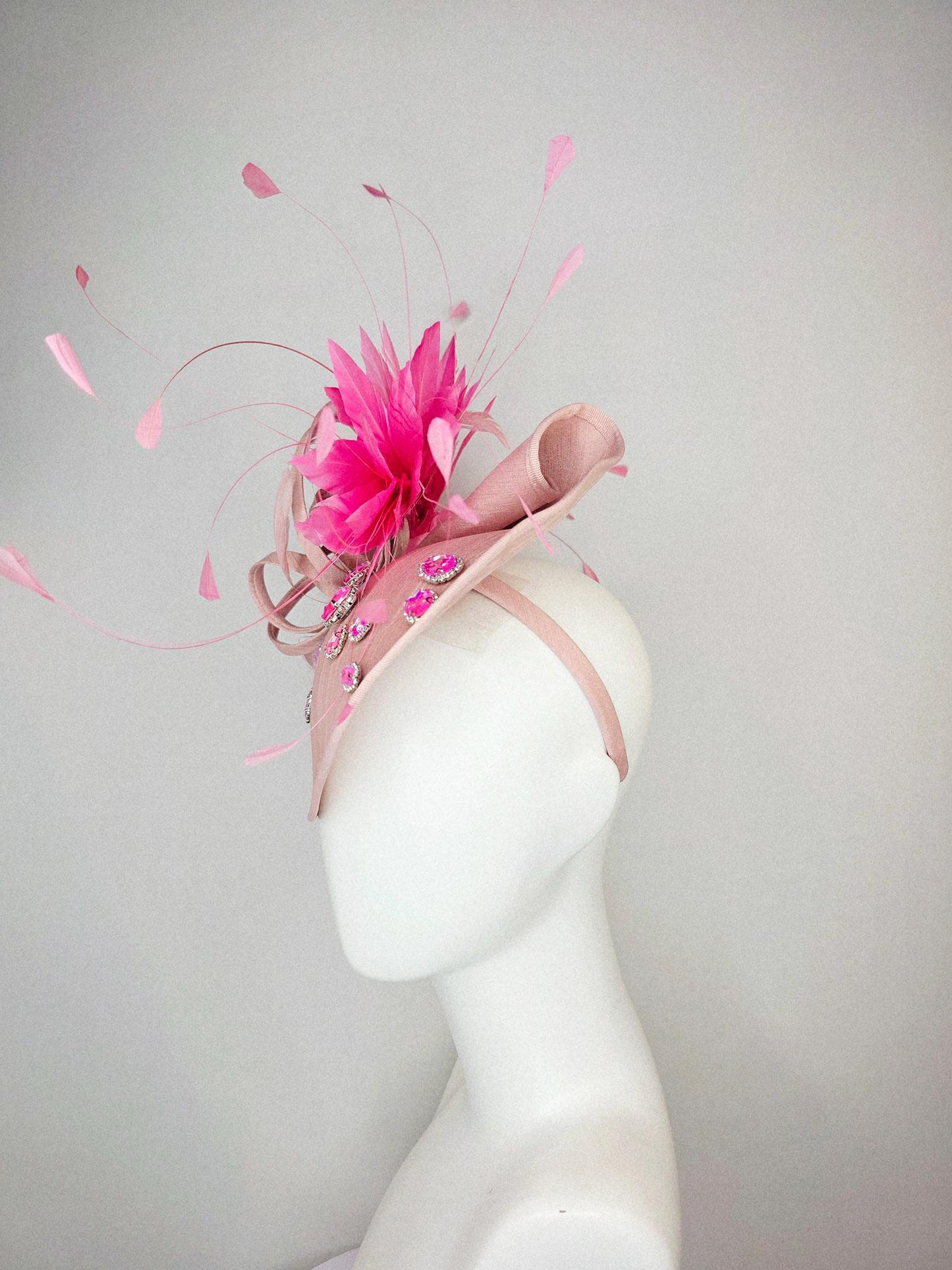 kentucky derby hat fascinator champagne pink shantung saucer iridescent pink crystal rhinestone jewels shantung bow and blush pink feathers