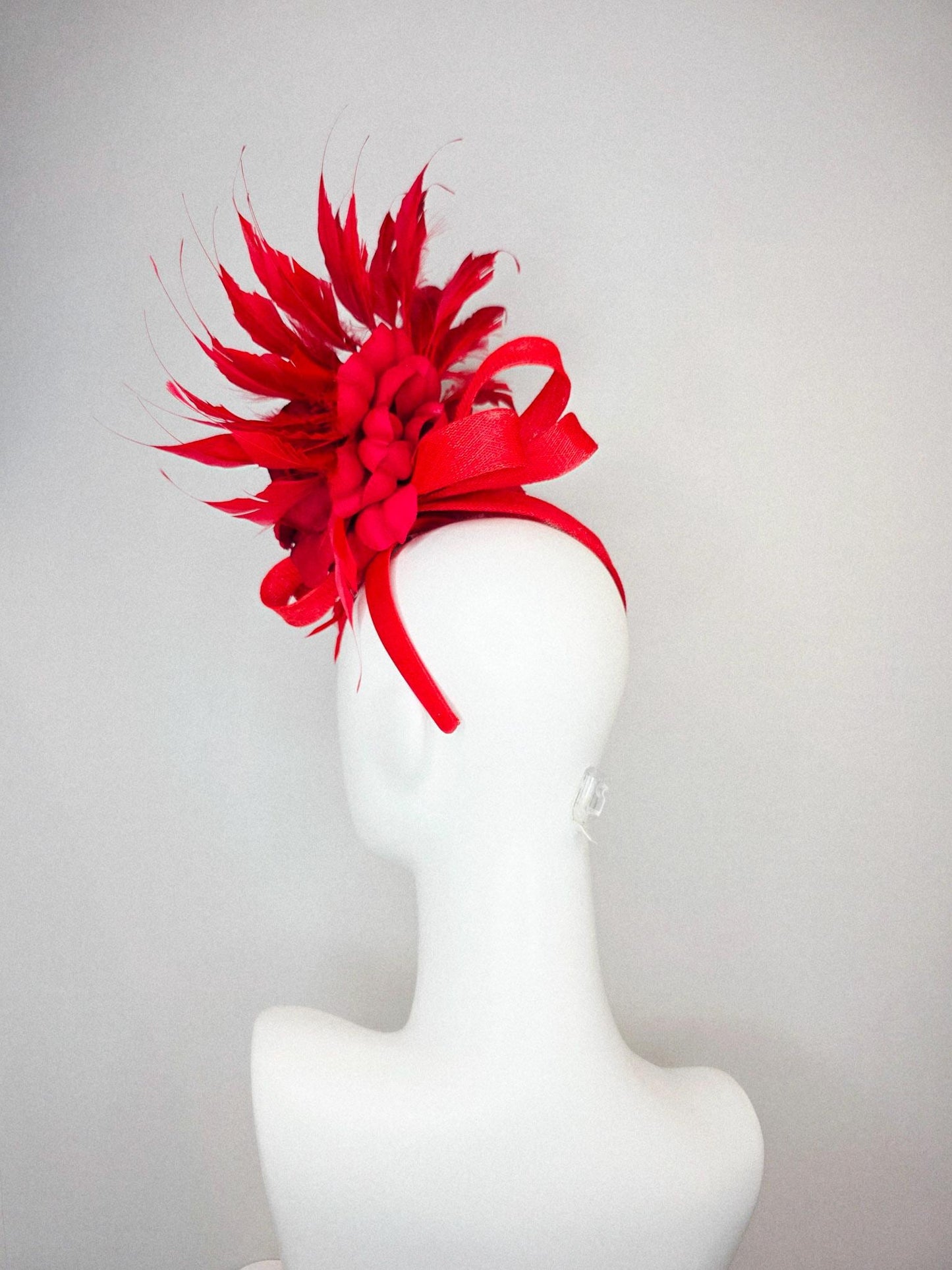 kentucky derby hat fascinator red sinamay saucer with red sinamay bow bright red feather flower scarlet red satin rose and red feathers