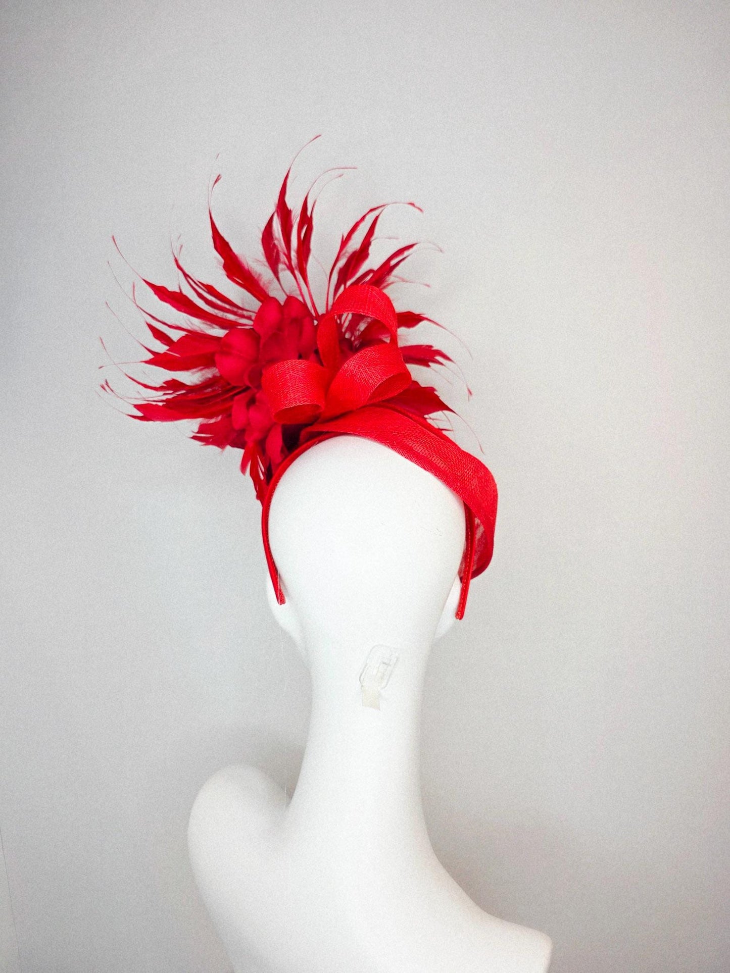 kentucky derby hat fascinator red sinamay saucer with red sinamay bow bright red feather flower scarlet red satin rose and red feathers