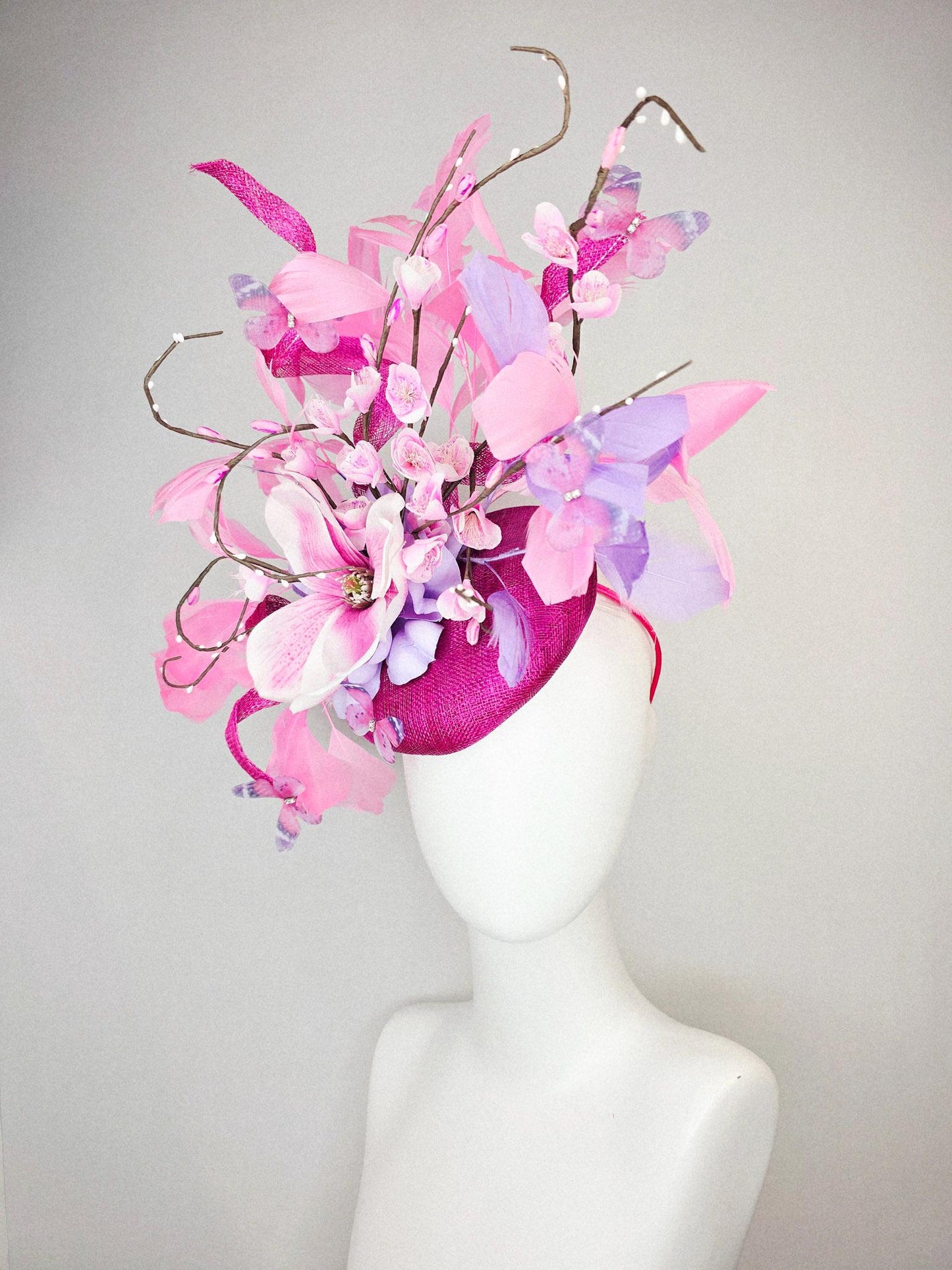 kentucky derby hat fascinator magenta pink sinamay light pink flowers blush pink lavender purple branching feathers baby pink butterflies