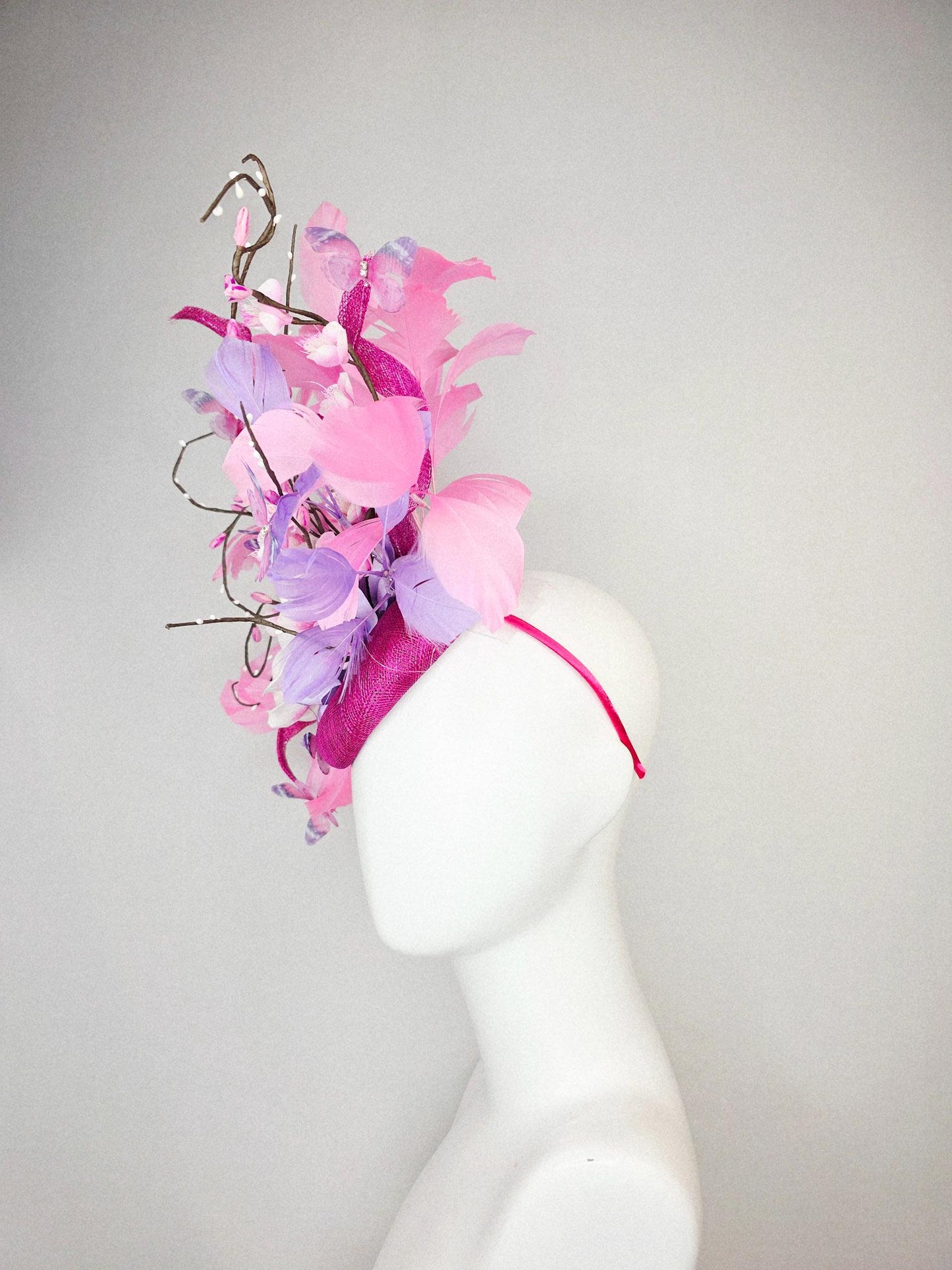 kentucky derby hat fascinator magenta pink sinamay light pink flowers blush pink lavender purple branching feathers baby pink butterflies