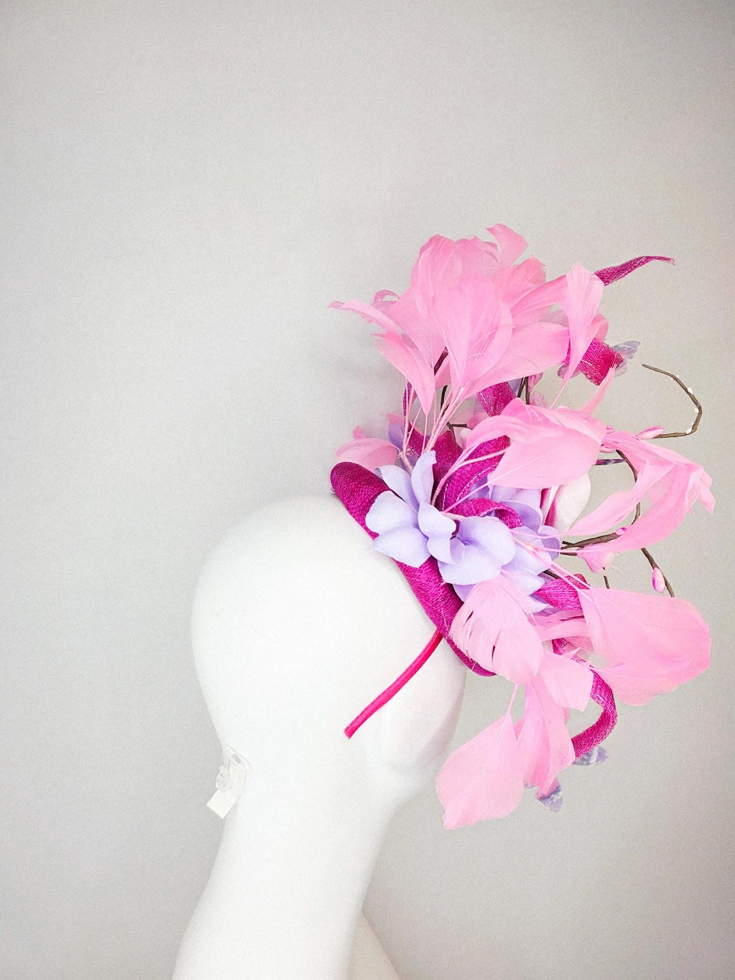 kentucky derby hat fascinator magenta pink sinamay light pink flowers blush pink lavender purple branching feathers baby pink butterflies