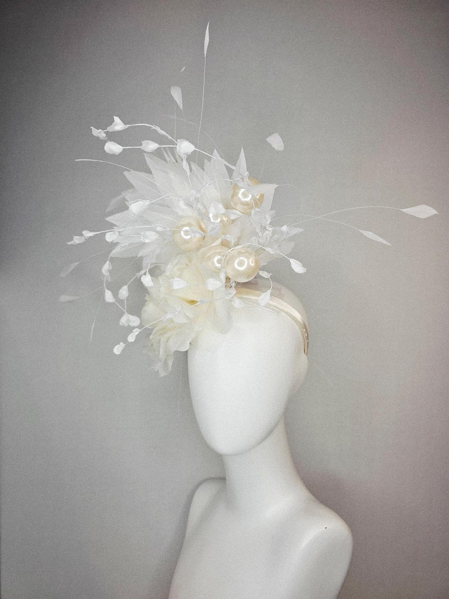 kentucky derby hat fascinator neutral ivory white organza roses with organza leaves large ivory white pearls and white branching feathers