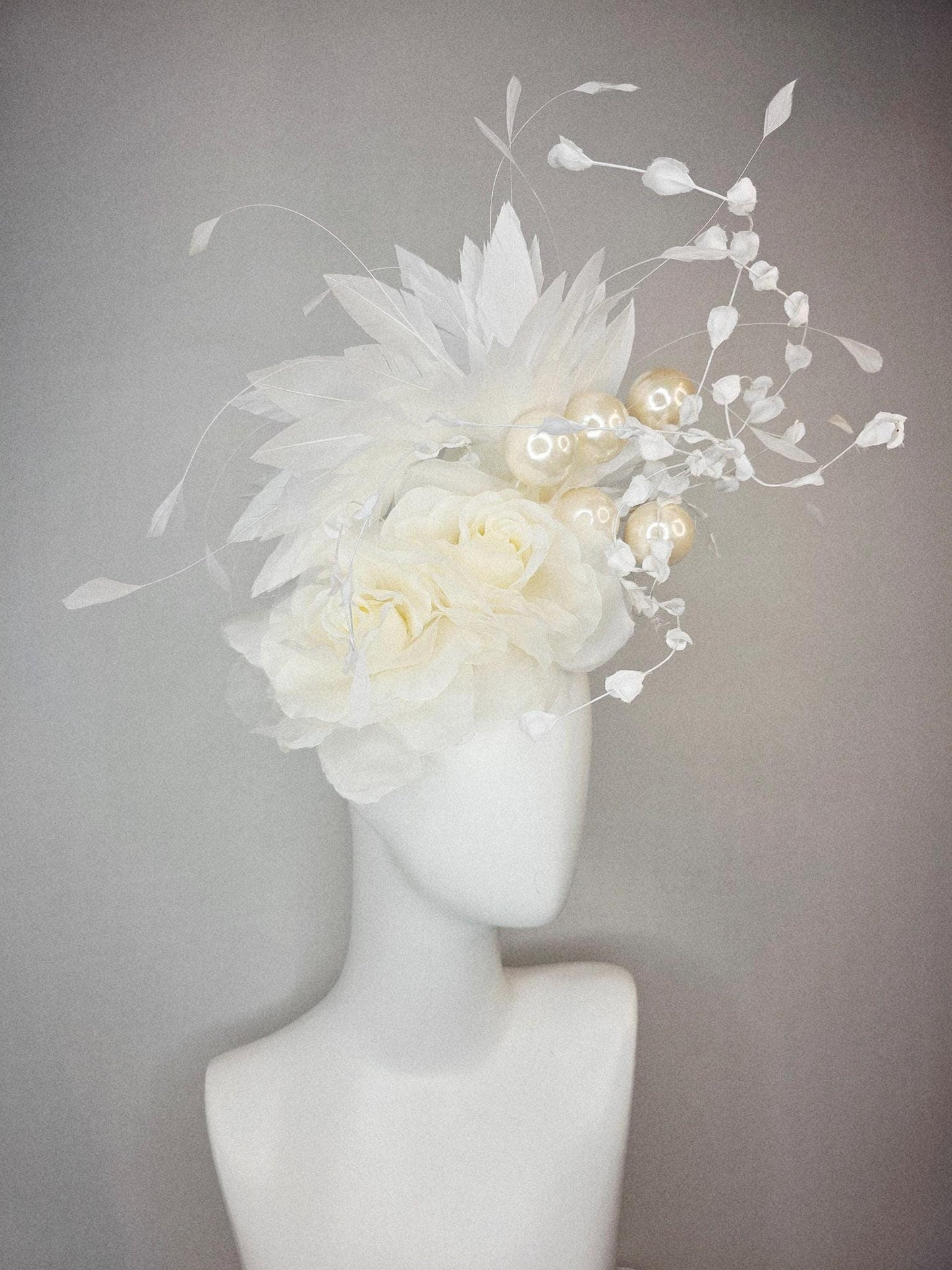 kentucky derby hat fascinator neutral ivory white organza roses with organza leaves large ivory white pearls and white branching feathers
