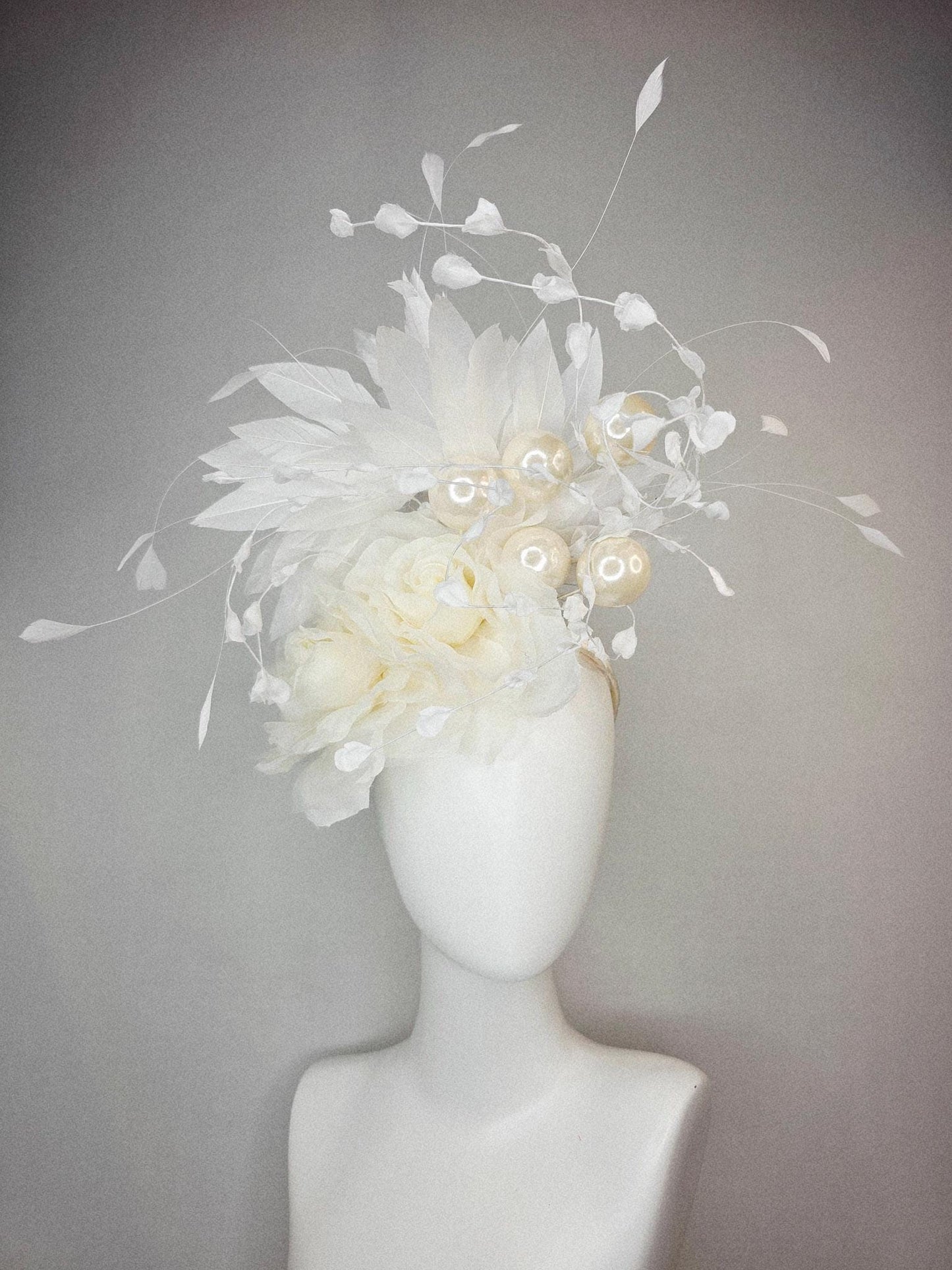 kentucky derby hat fascinator neutral ivory white organza roses with organza leaves large ivory white pearls and white branching feathers