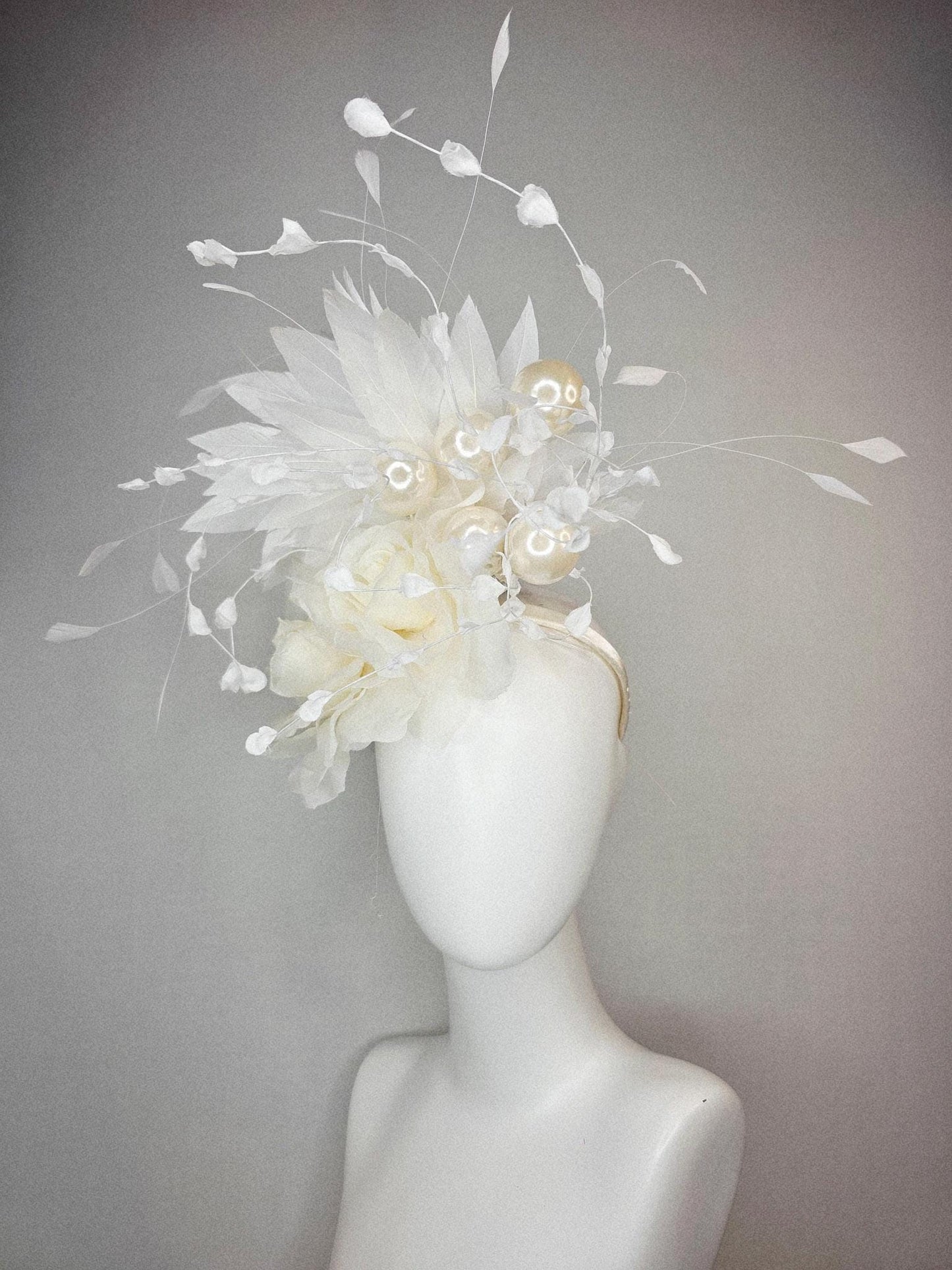 kentucky derby hat fascinator neutral ivory white organza roses with organza leaves large ivory white pearls and white branching feathers