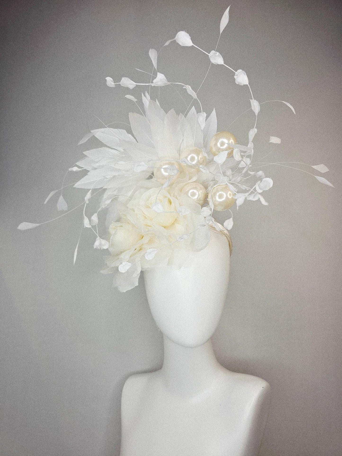 kentucky derby hat fascinator neutral ivory white organza roses with organza leaves large ivory white pearls and white branching feathers