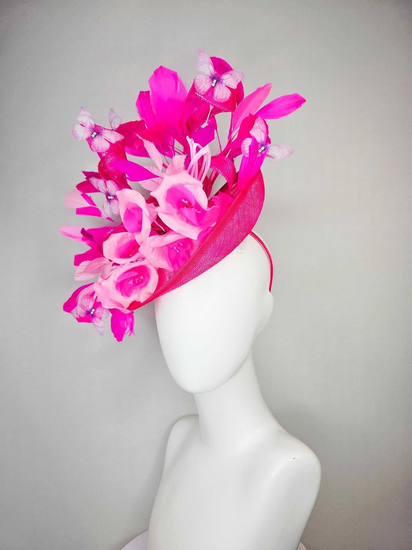 kentucky derby hat fascinator hot pink sinamay saucer blush pink satin flowers light pink leaves bright pink fuchsia feathers butterflies