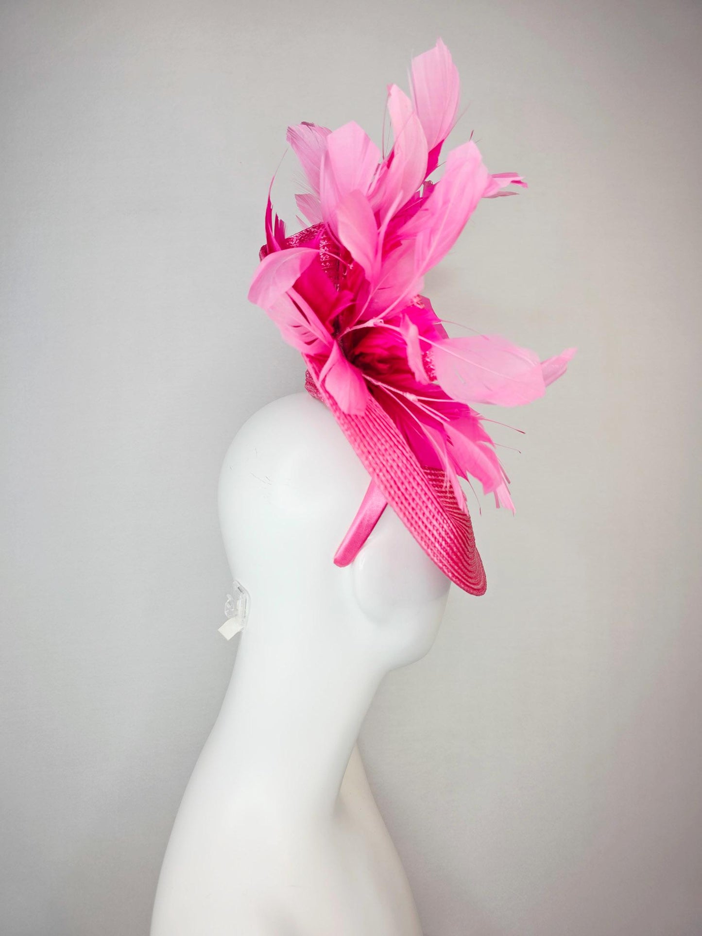 kentucky derby hat fascinator hot pink straw saucer with pink straw bow and fuchsia and blush pink branching feathers