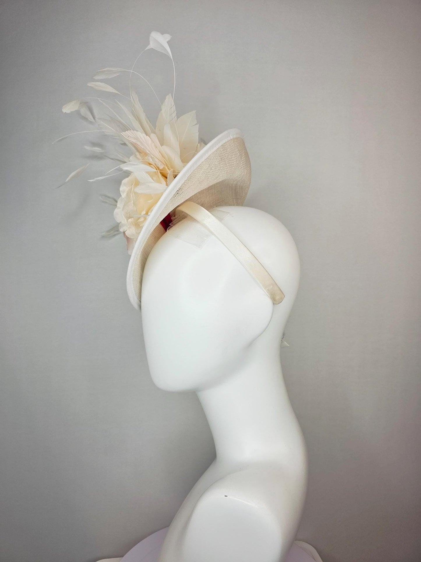 kentucky derby hat fascinator neutral ivory white sinamay saucer with champagne pink and cream organza roses with leaves and white feathers