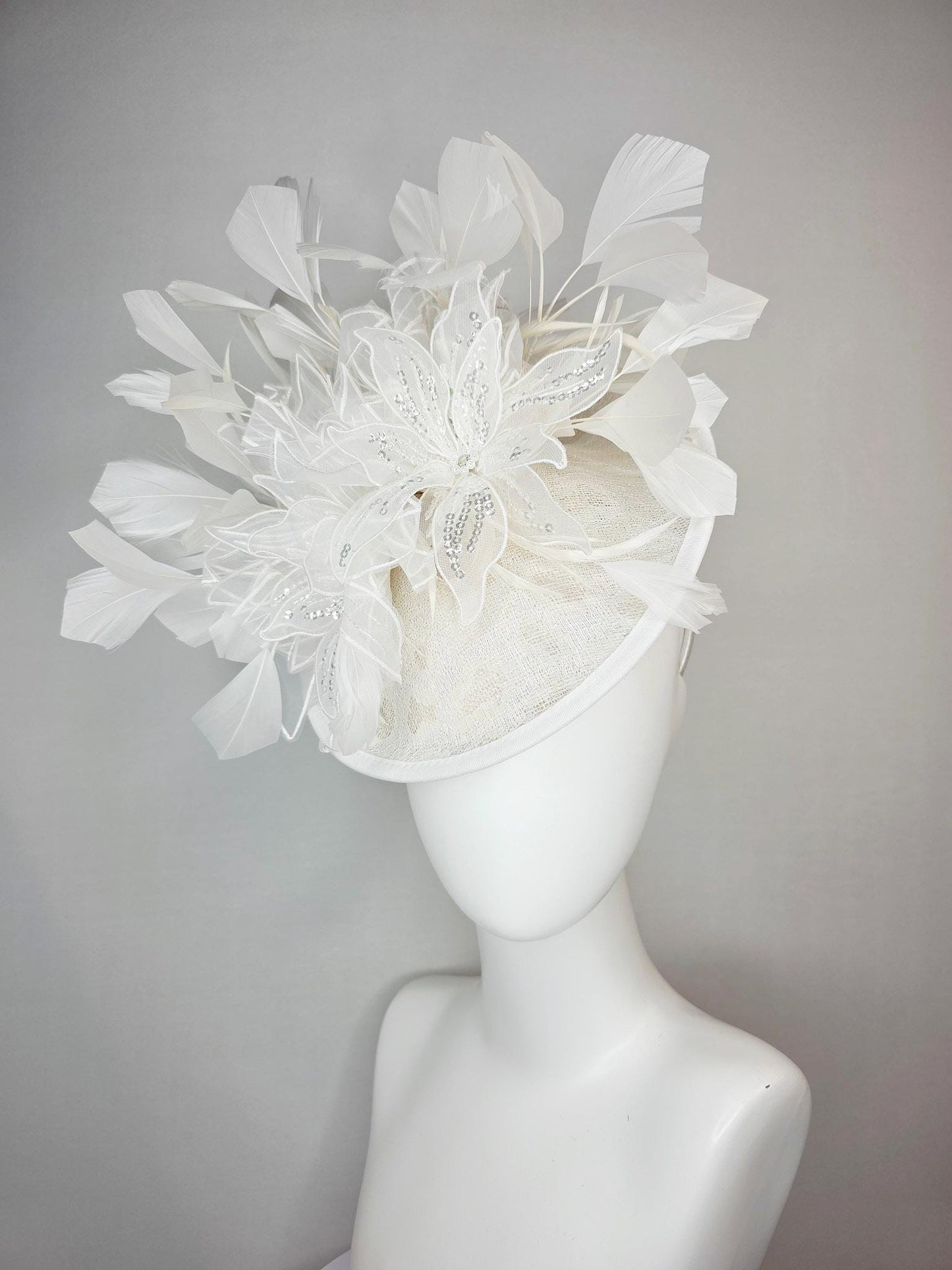 kentucky derby hat fascinator neutral ivory white sinamay saucer with white organza flowers with silver sequins and white branching feathers