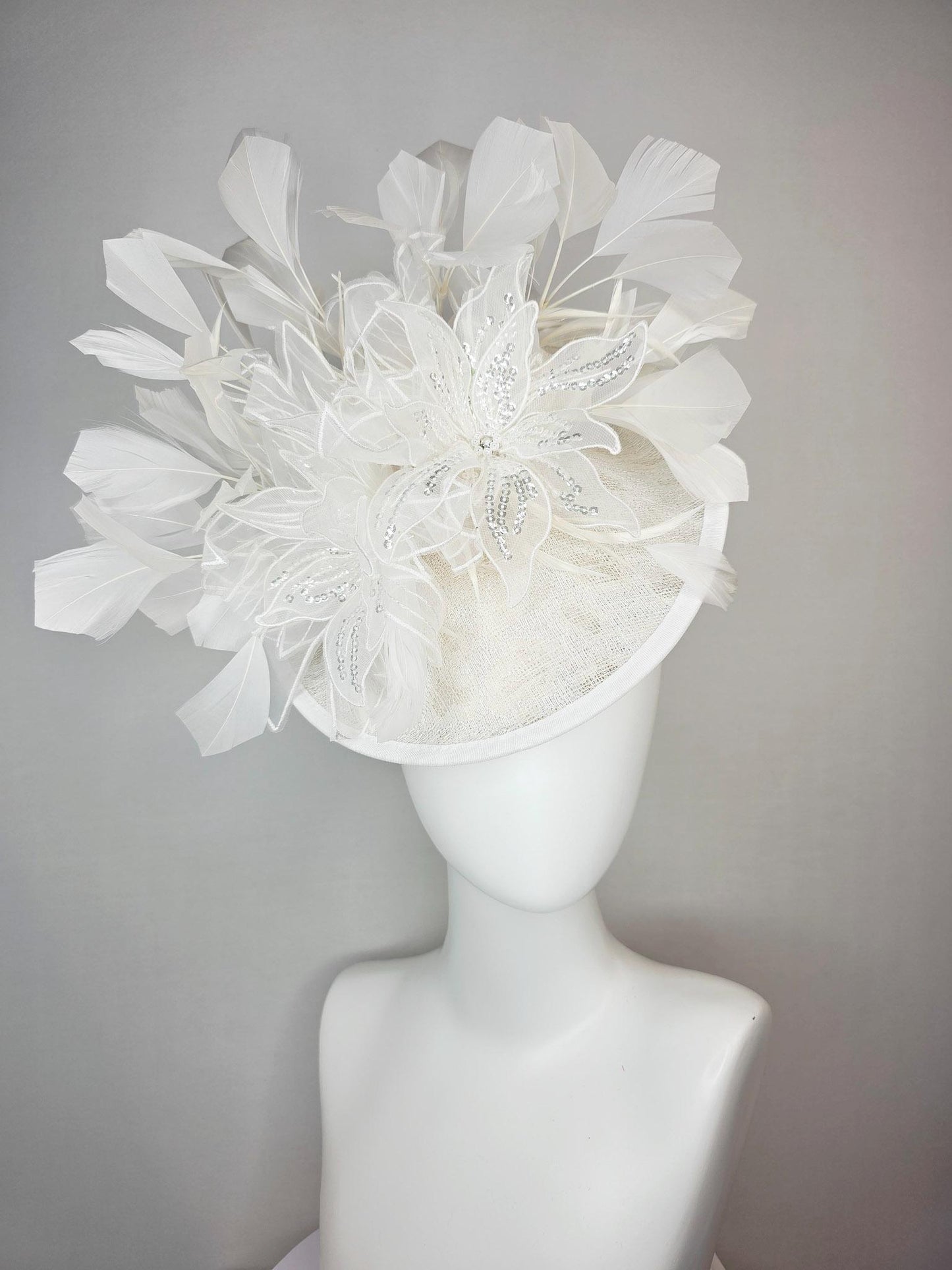 kentucky derby hat fascinator neutral ivory white sinamay saucer with white organza flowers with silver sequins and white branching feathers
