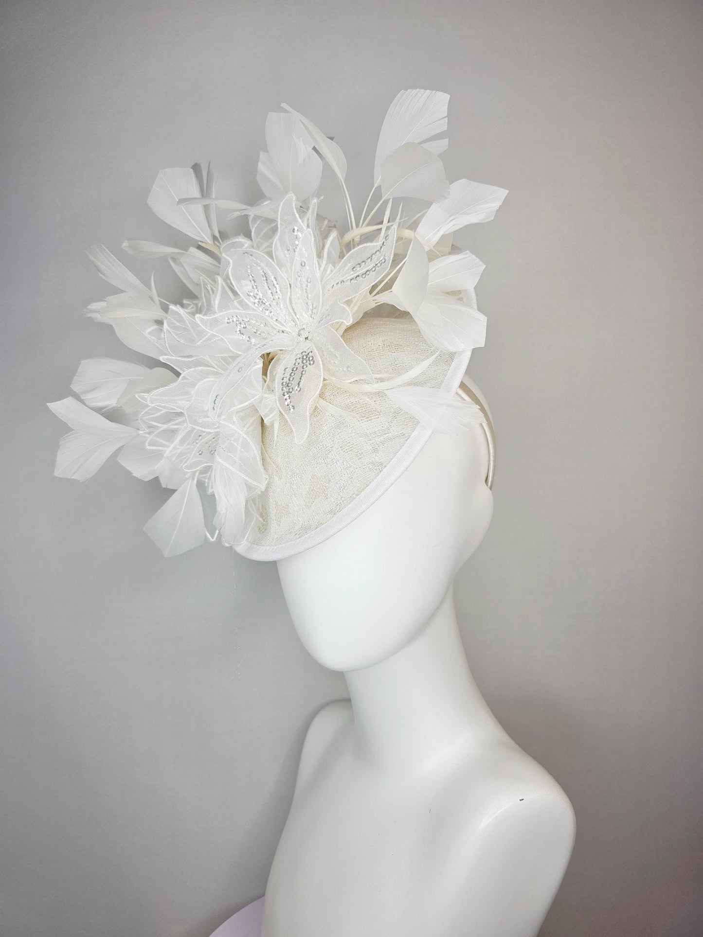kentucky derby hat fascinator neutral ivory white sinamay saucer with white organza flowers with silver sequins and white branching feathers