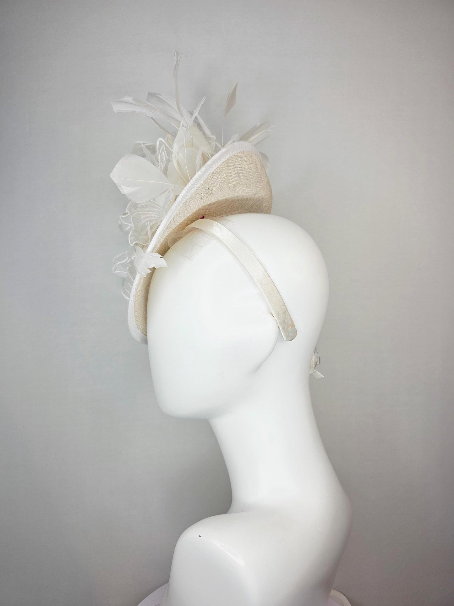 kentucky derby hat fascinator neutral ivory white sinamay saucer with white organza flowers with silver sequins and white branching feathers