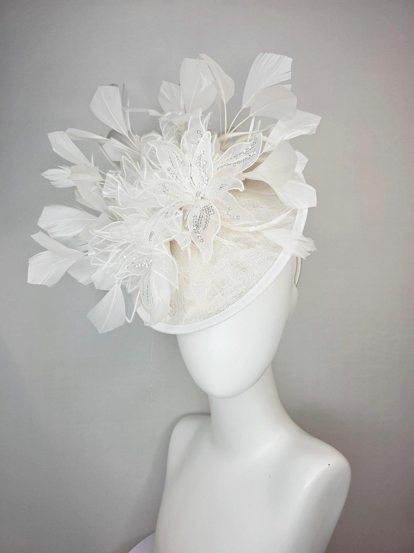 kentucky derby hat fascinator neutral ivory white sinamay saucer with white organza flowers with silver sequins and white branching feathers