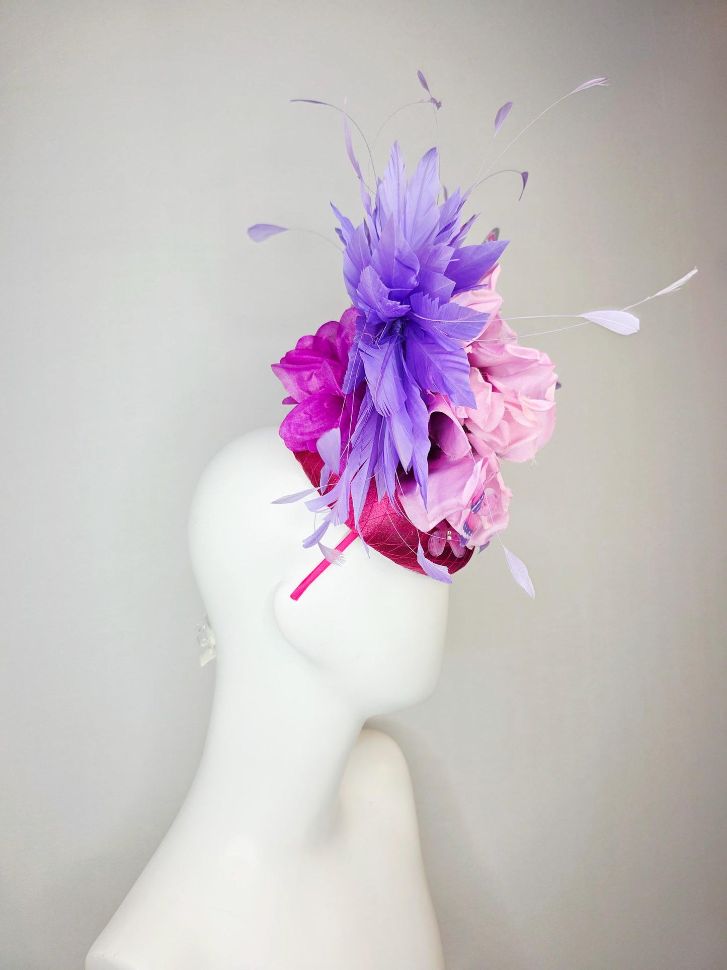kentucky derby hat fascinator pink satin with netting large lilac purple satin flower lavender purple feathers and pink butterflies