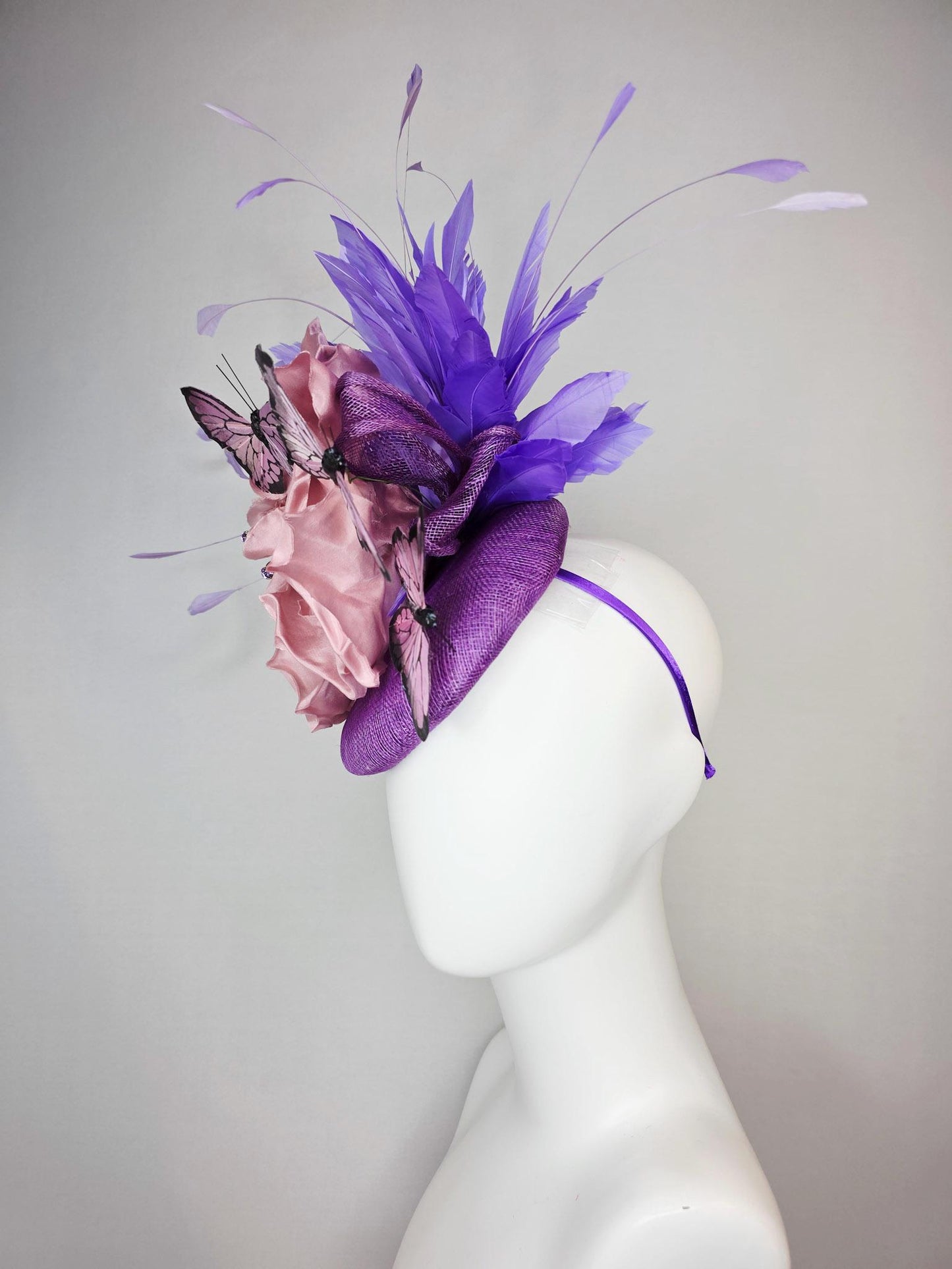 kentucky derby hat fascinator violet purple sinamay large dusty rose pink satin flower  purple feathers lilac lavender purple butterflies
