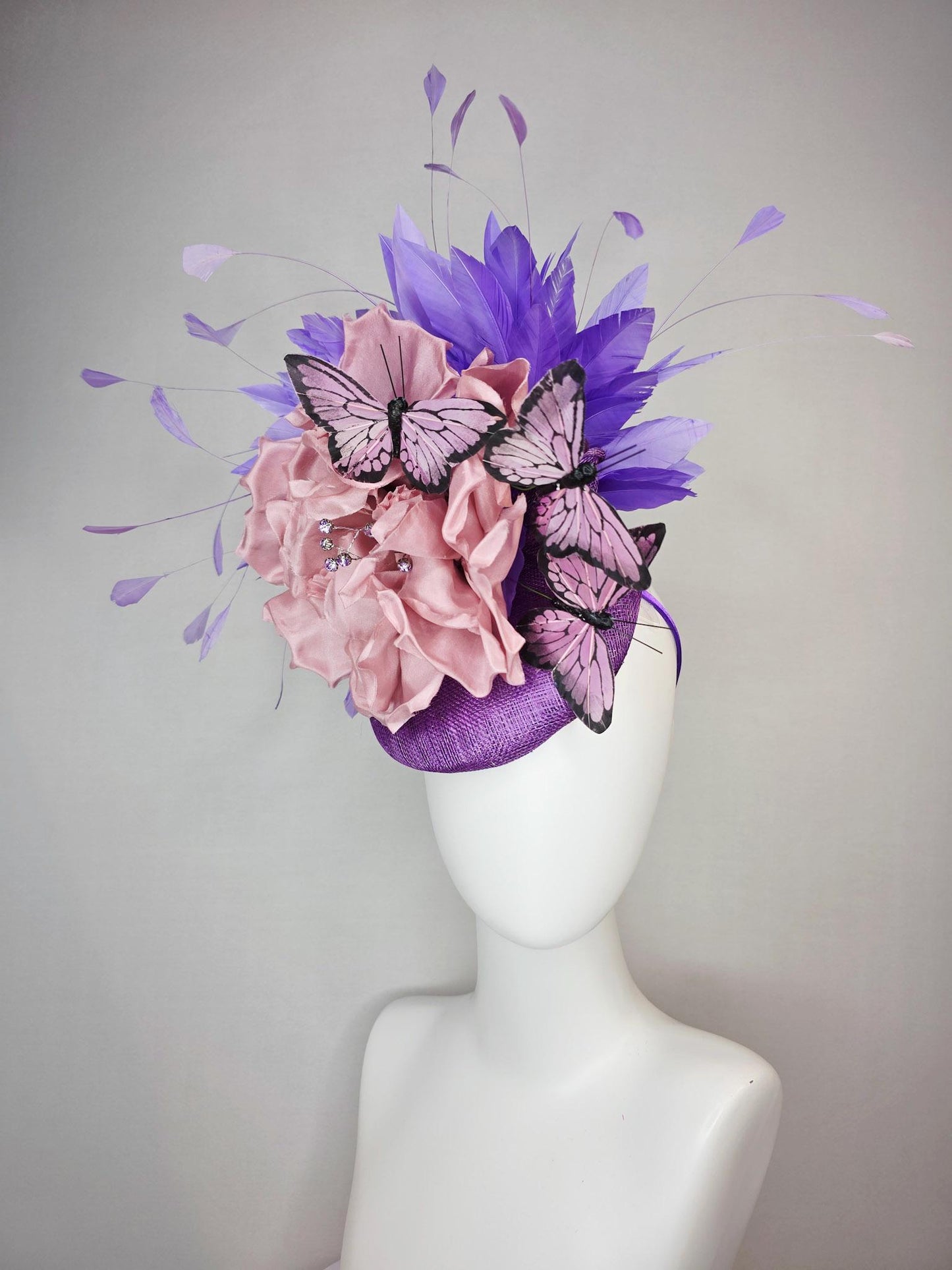 kentucky derby hat fascinator violet purple sinamay large dusty rose pink satin flower  purple feathers lilac lavender purple butterflies
