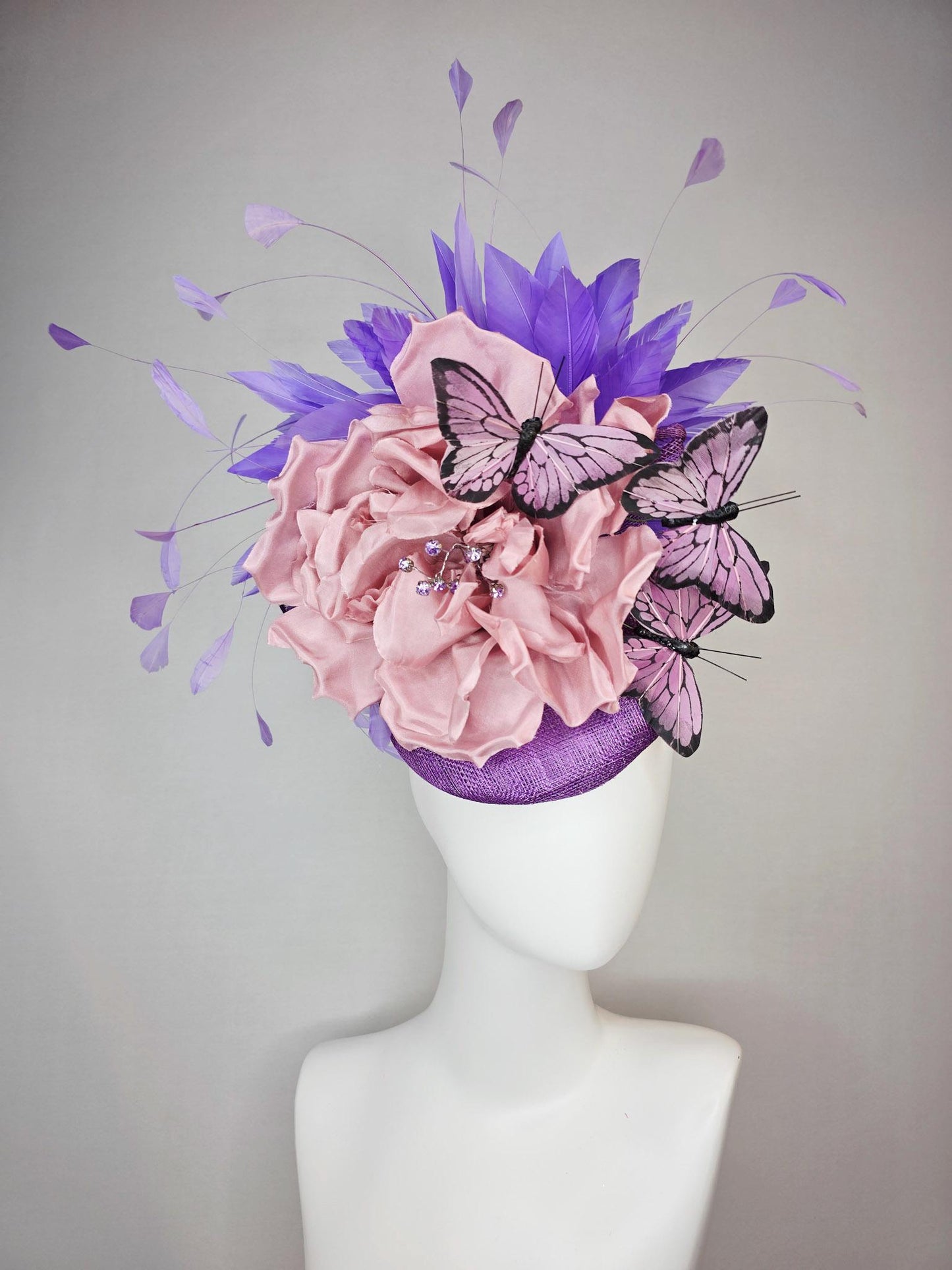 kentucky derby hat fascinator violet purple sinamay large dusty rose pink satin flower  purple feathers lilac lavender purple butterflies