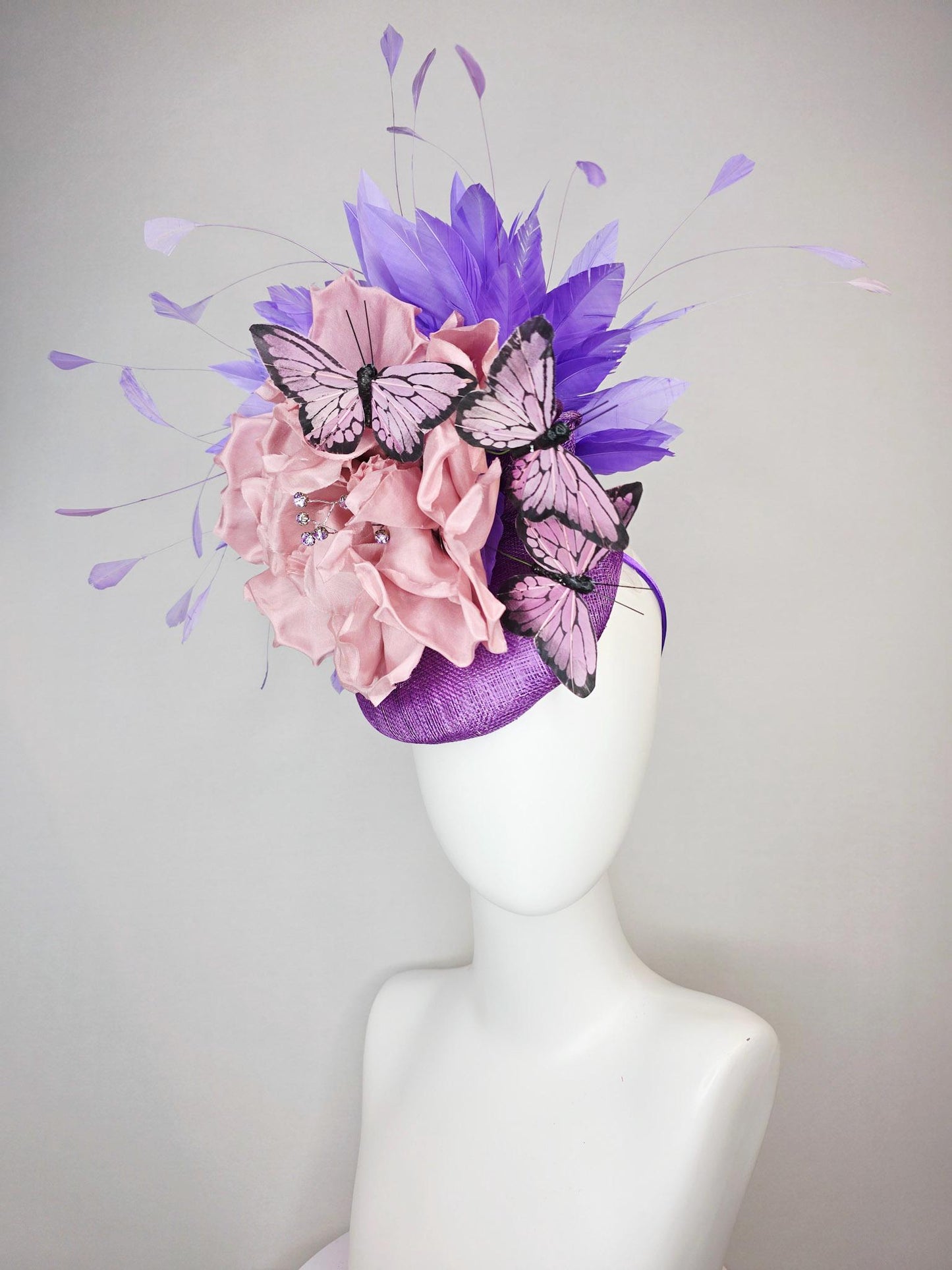 kentucky derby hat fascinator violet purple sinamay large dusty rose pink satin flower  purple feathers lilac lavender purple butterflies