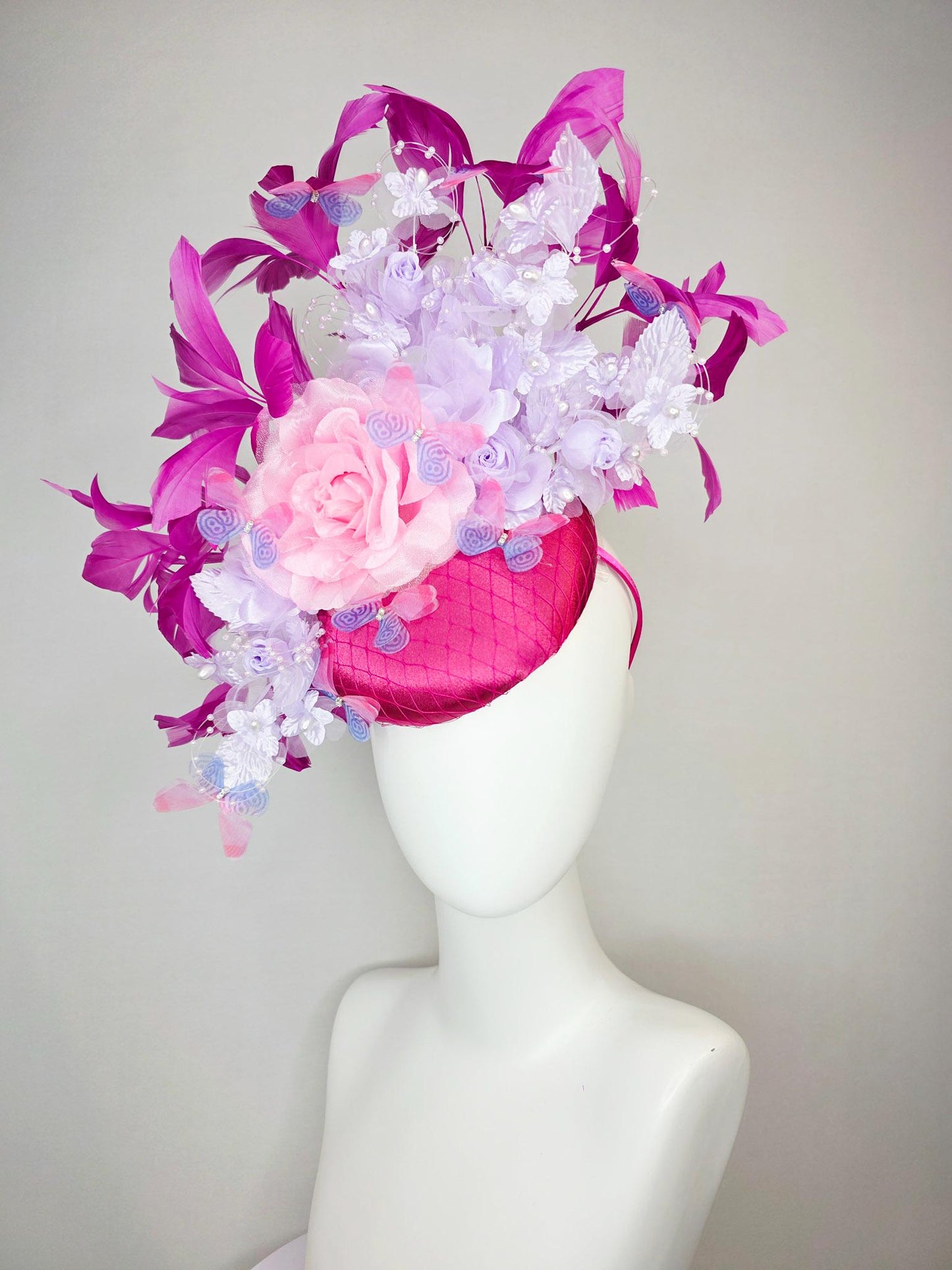 kentucky derby hat fascinator pink satin with netting light pink lavender purple organza satin roses pearl steams magenta feathers butterfly