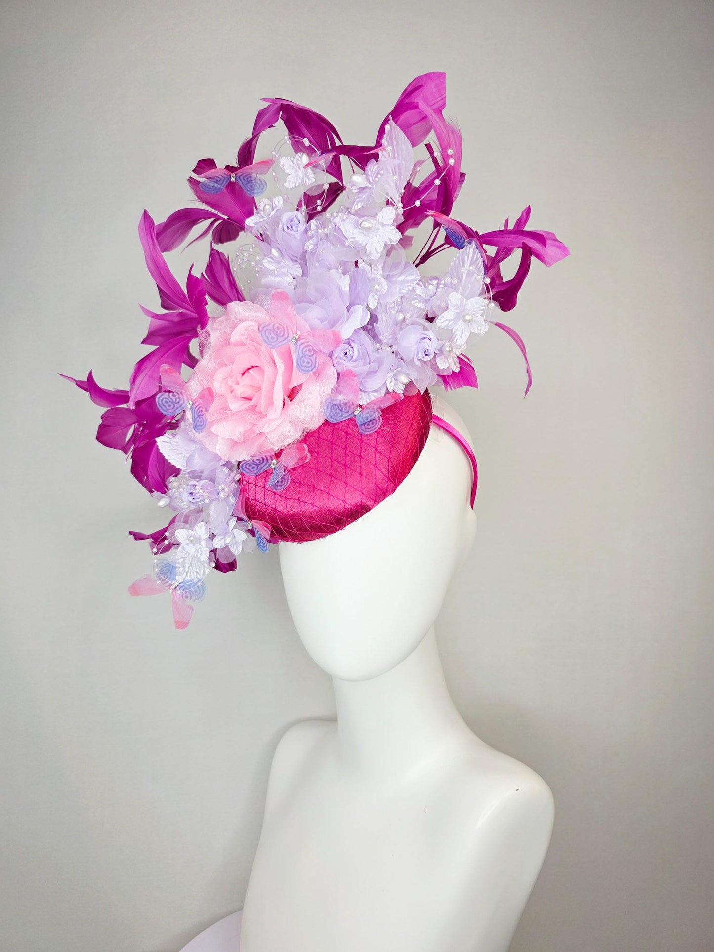 kentucky derby hat fascinator pink satin with netting light pink lavender purple organza satin roses pearl steams magenta feathers butterfly