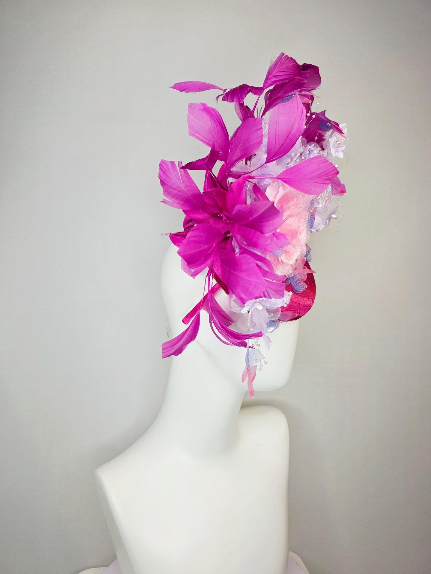 kentucky derby hat fascinator pink satin with netting light pink lavender purple organza satin roses pearl steams magenta feathers butterfly