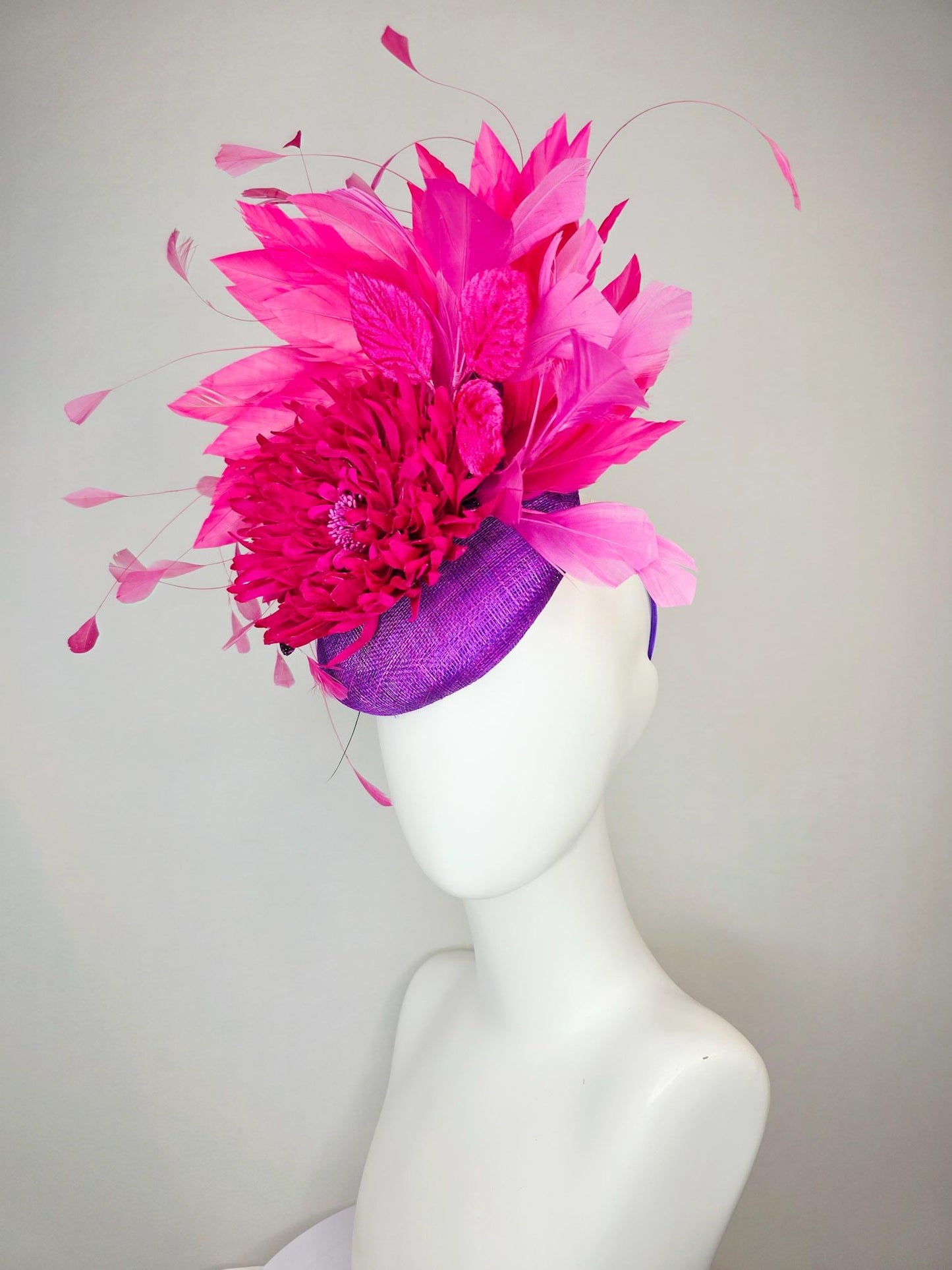 kentucky derby hat fascinator violet purple sinamay with hot pink satin flower and bright pink leaves blush and fuchsia pink feathers