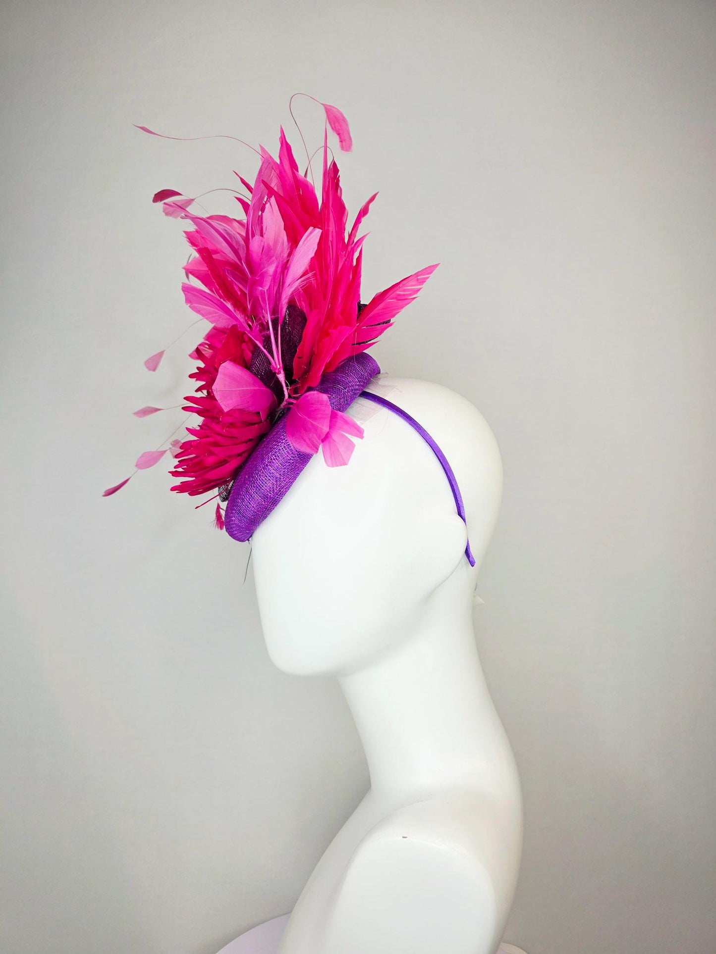 kentucky derby hat fascinator violet purple sinamay with hot pink satin flower and bright pink leaves blush and fuchsia pink feathers