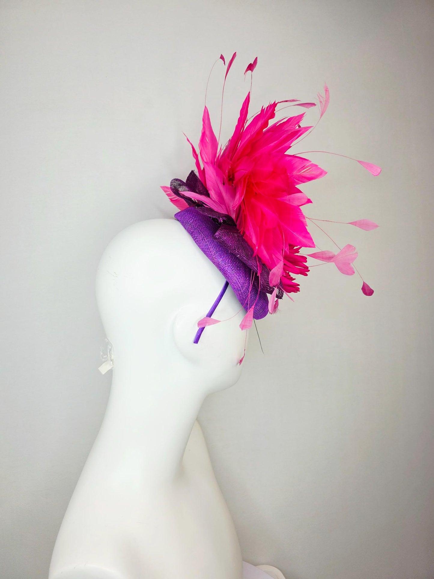 kentucky derby hat fascinator violet purple sinamay with hot pink satin flower and bright pink leaves blush and fuchsia pink feathers