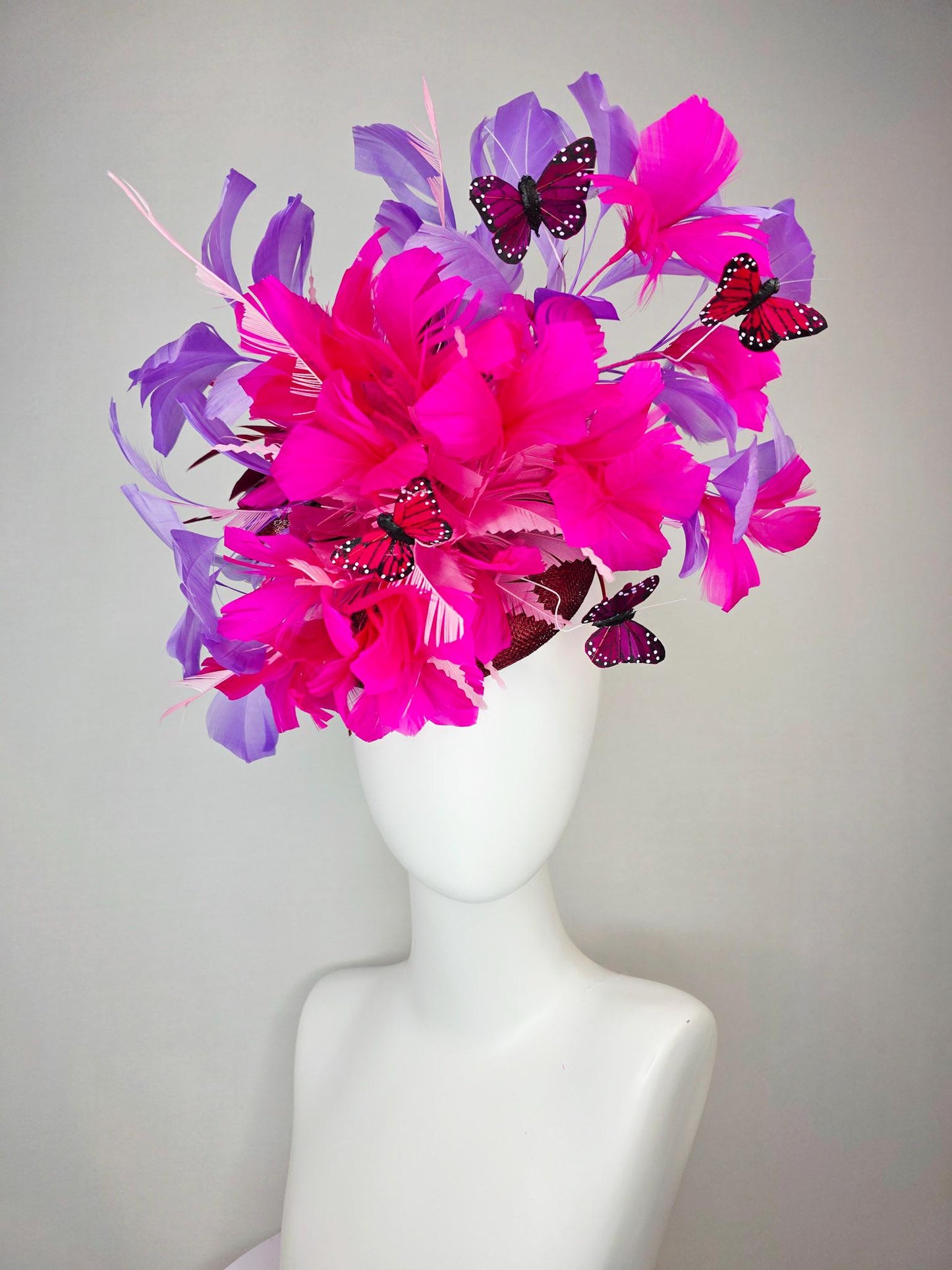 kentucky derby hat fascinator burgundy red sinamay fuchsia pink lavender purple branching feathers red and dark pink butterflies