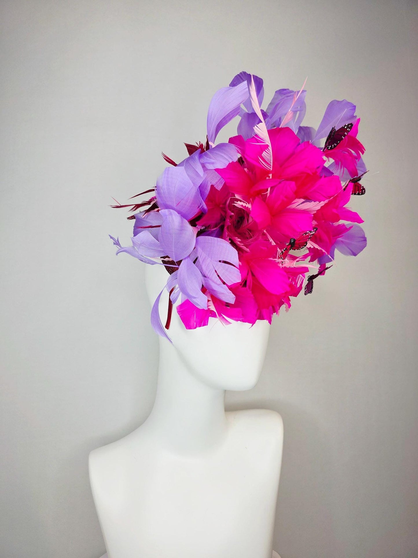 kentucky derby hat fascinator burgundy red sinamay fuchsia pink lavender purple branching feathers red and dark pink butterflies