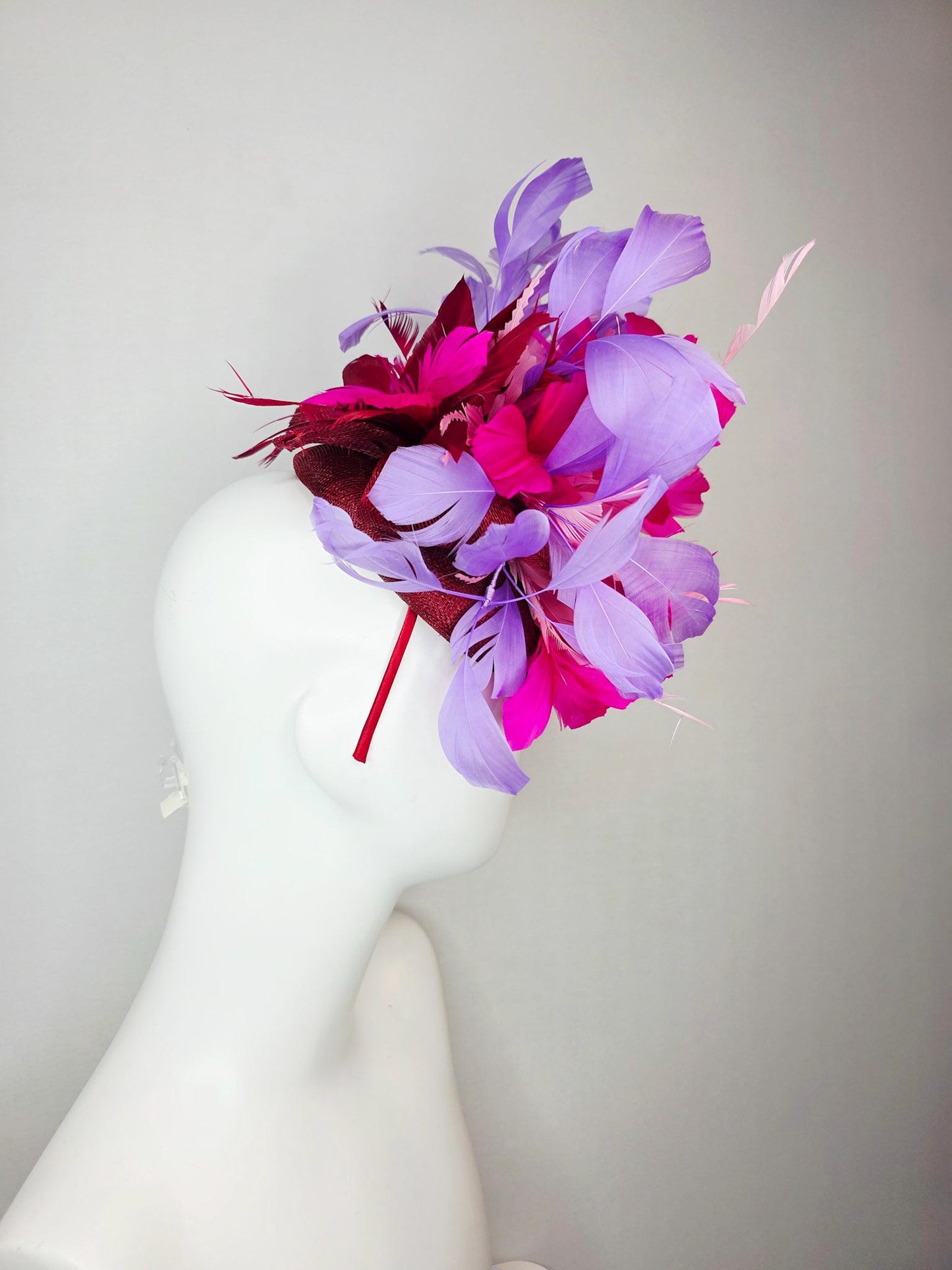 kentucky derby hat fascinator burgundy red sinamay fuchsia pink lavender purple branching feathers red and dark pink butterflies