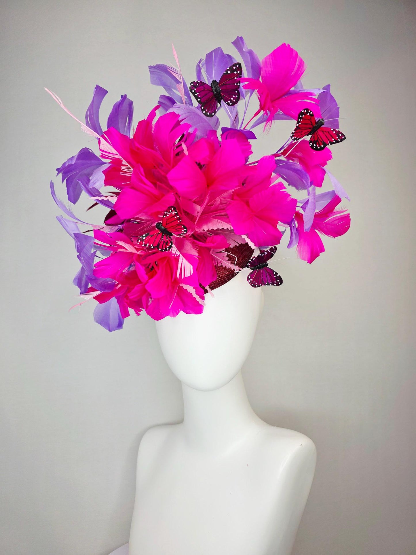 kentucky derby hat fascinator burgundy red sinamay fuchsia pink lavender purple branching feathers red and dark pink butterflies