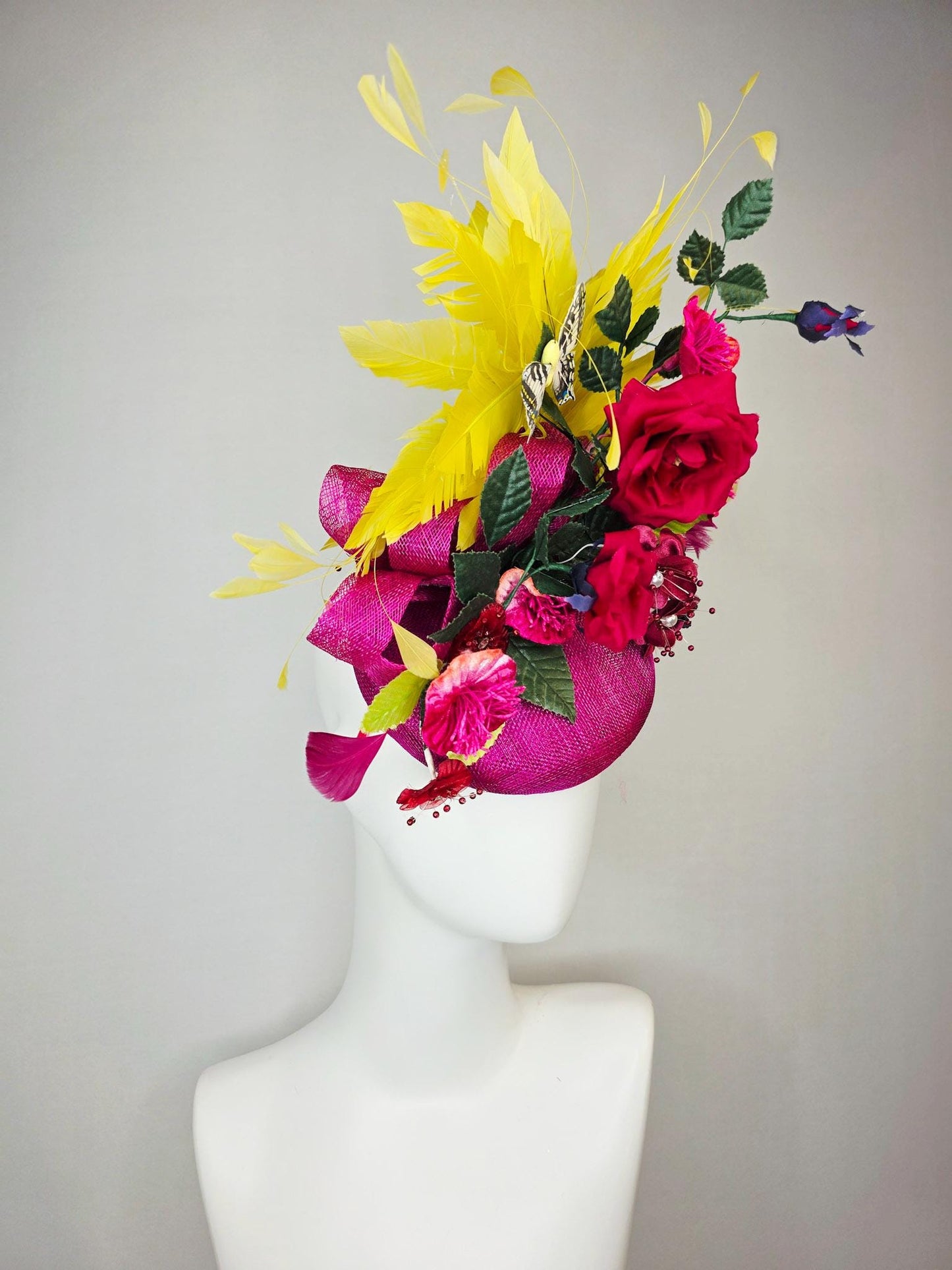 kentucky derby hat fascinator pink sinamay red satin roses fuchsia navy blue burgundy flowers dark green leaves yellow feathers butterfly