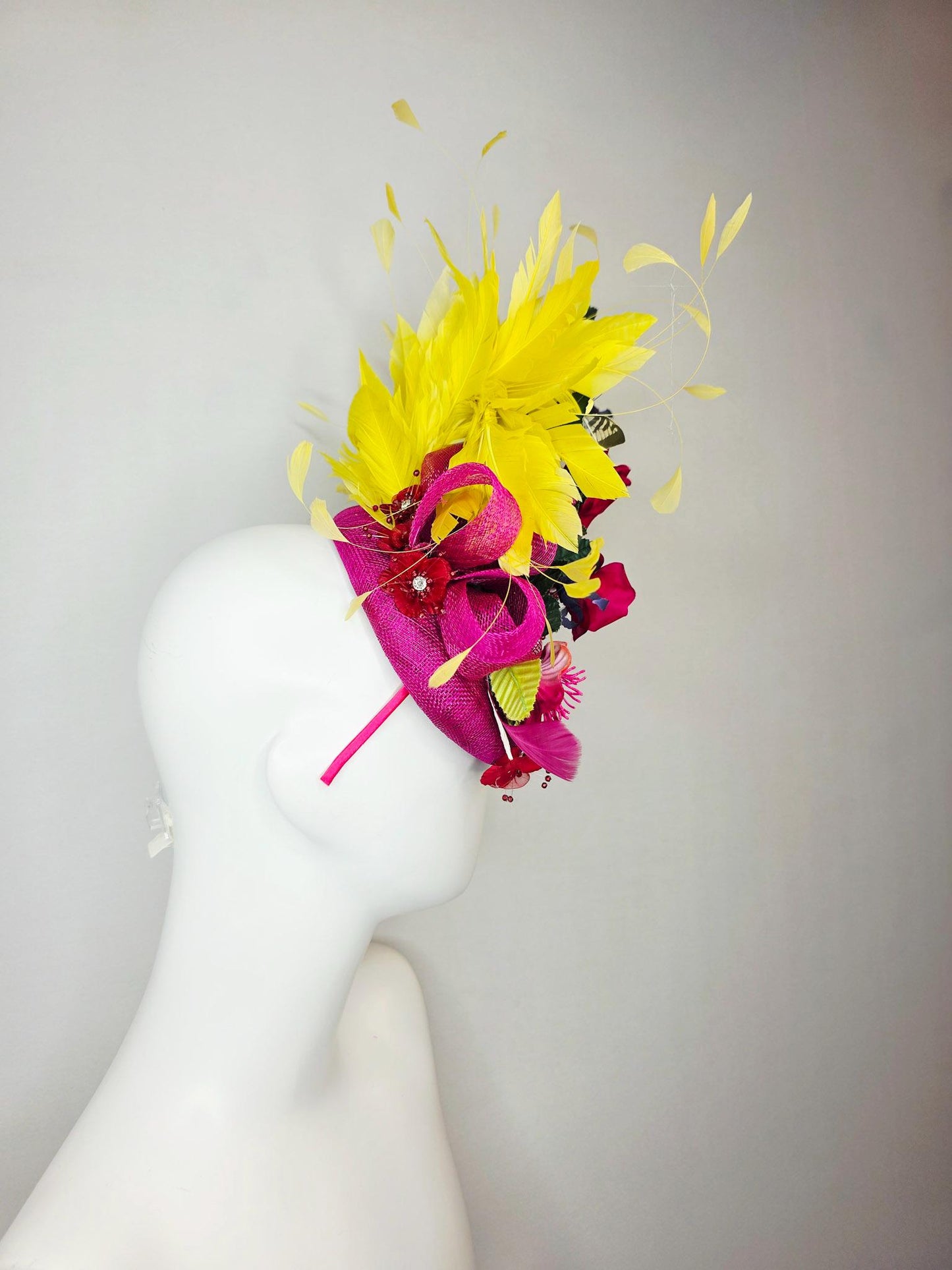 kentucky derby hat fascinator pink sinamay red satin roses fuchsia navy blue burgundy flowers dark green leaves yellow feathers butterfly