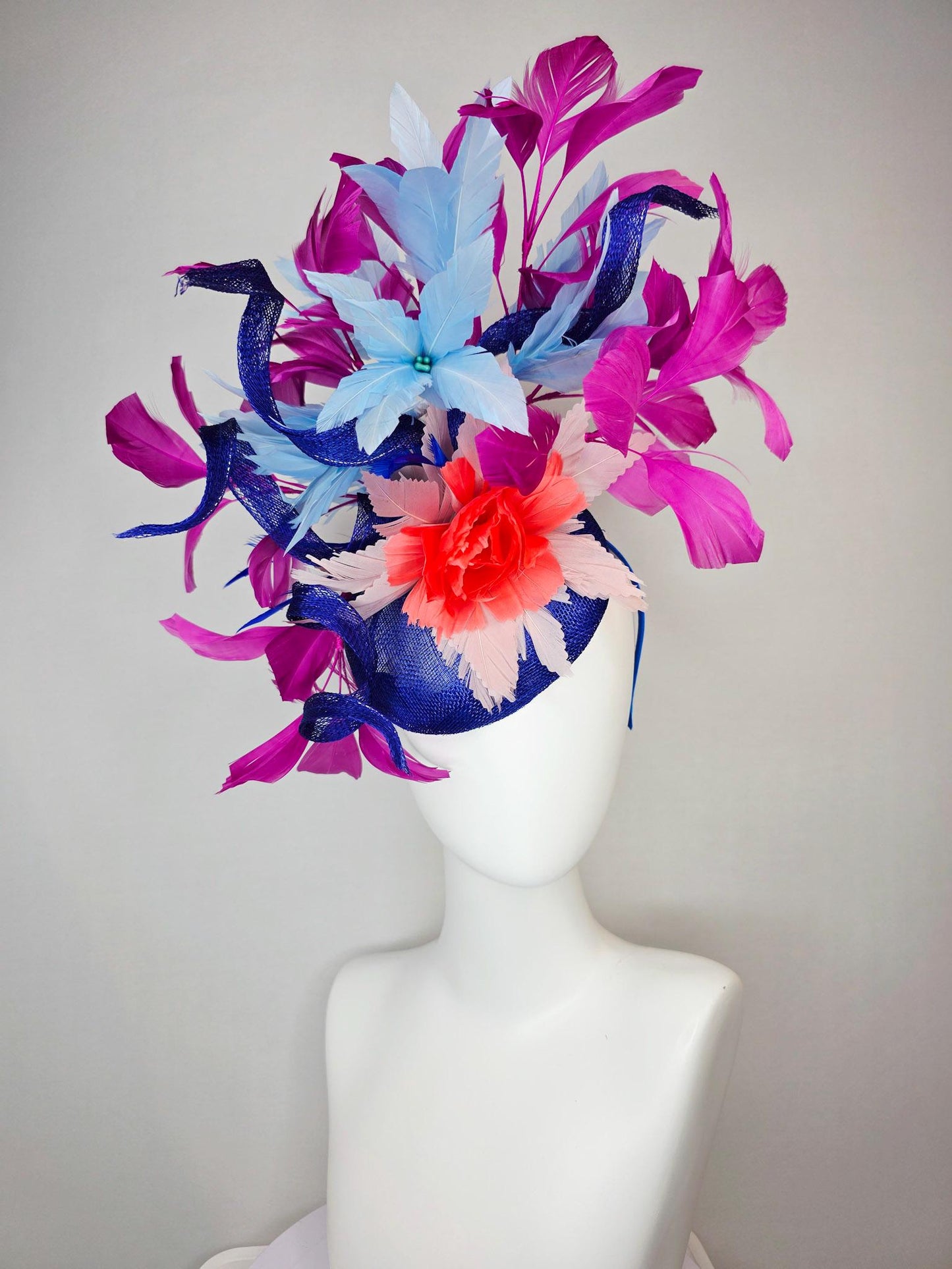 kentucky derby hat fascinator cobalt blue sinamay with curls coral red and sky light blue feather flowers magenta pink branching feathers