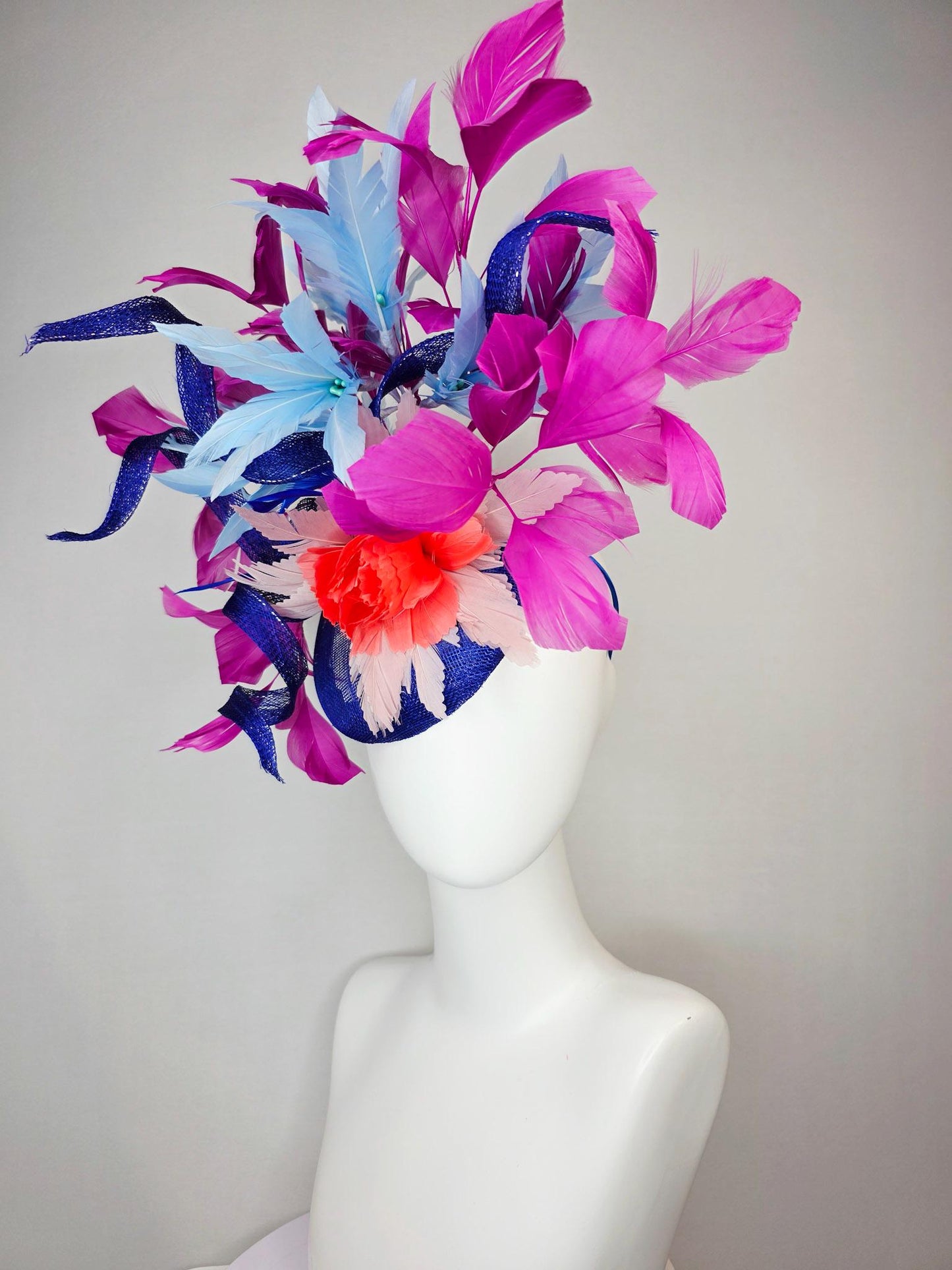 kentucky derby hat fascinator cobalt blue sinamay with curls coral red and sky light blue feather flowers magenta pink branching feathers