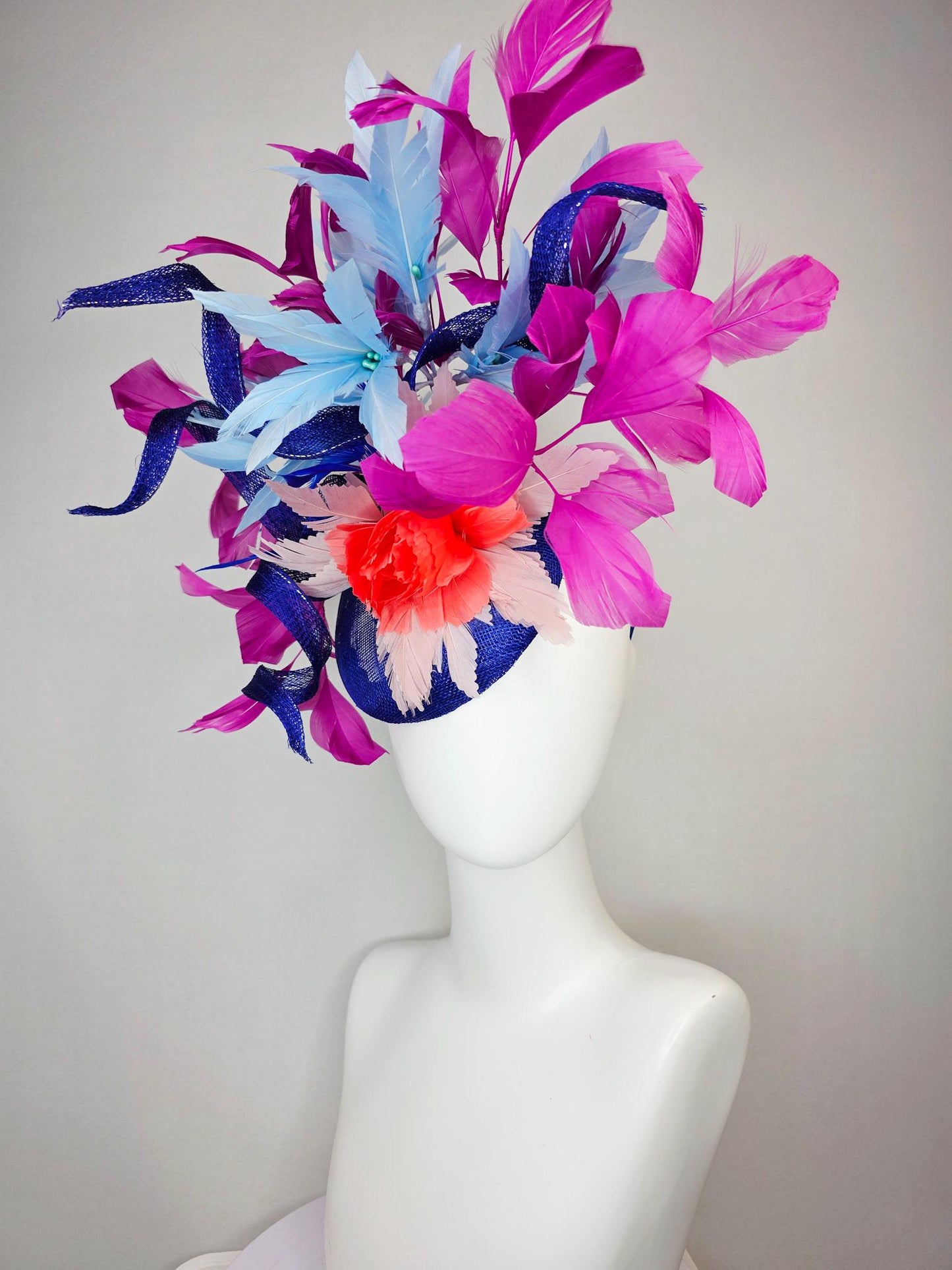 kentucky derby hat fascinator cobalt blue sinamay with curls coral red and sky light blue feather flowers magenta pink branching feathers
