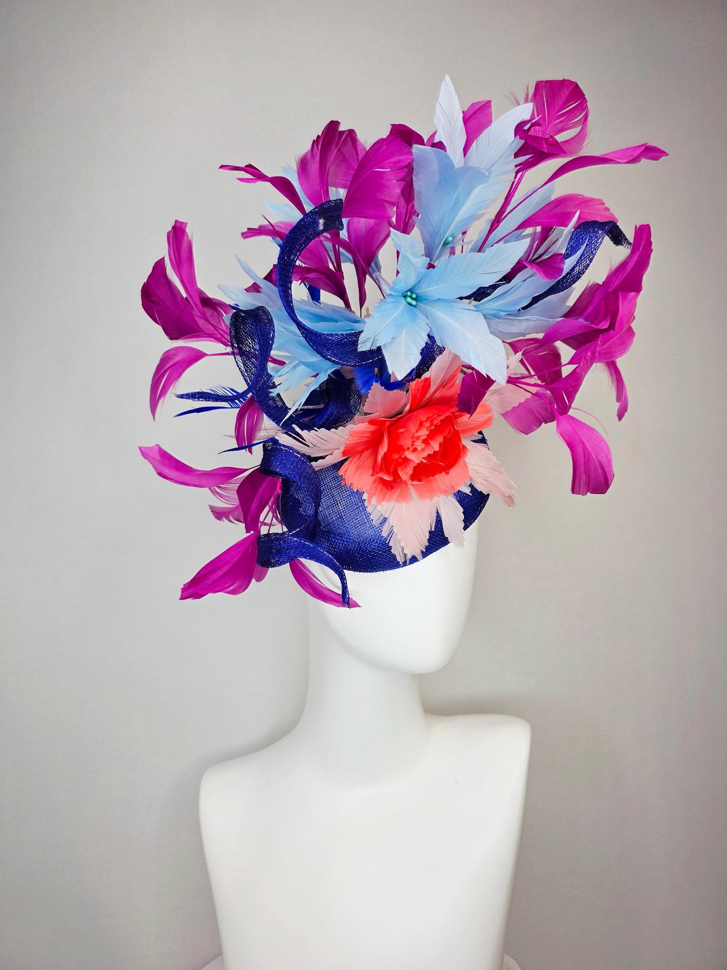 kentucky derby hat fascinator cobalt blue sinamay with curls coral red and sky light blue feather flowers magenta pink branching feathers