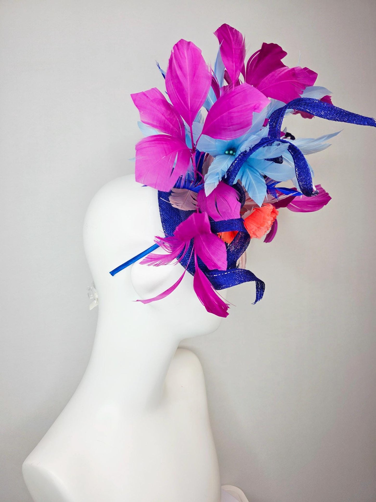 kentucky derby hat fascinator cobalt blue sinamay with curls coral red and sky light blue feather flowers magenta pink branching feathers