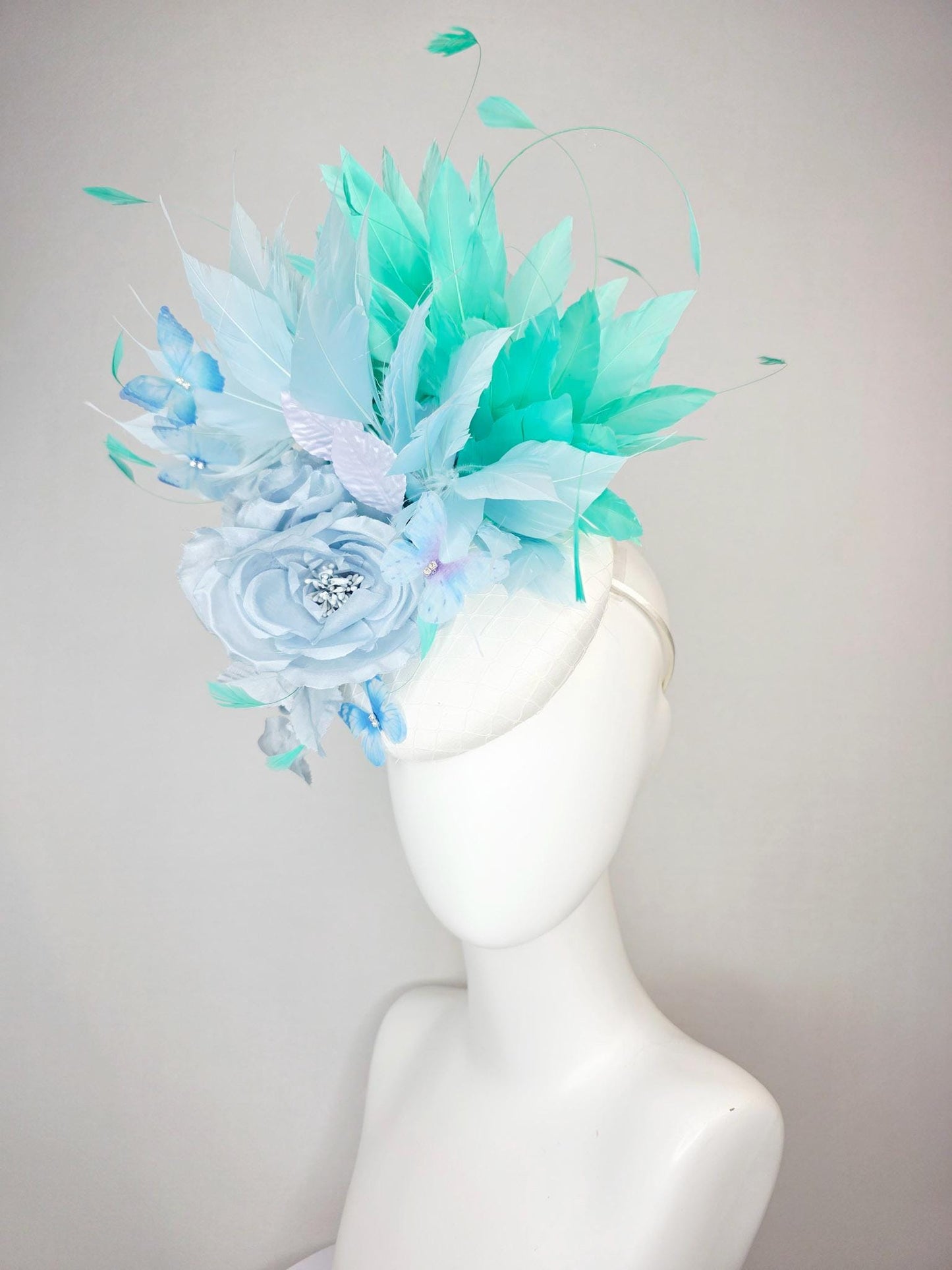 kentucky derby hat fascinator white satin with netting light blue organza rose light blue green mint aqua feathers sky blue butterflies