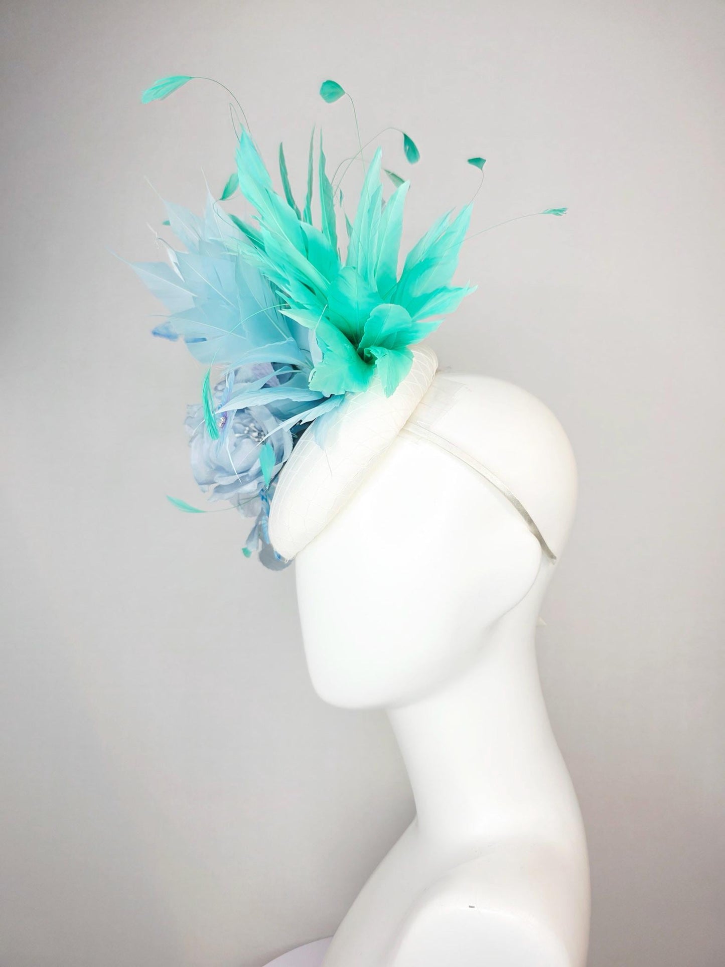 kentucky derby hat fascinator white satin with netting light blue organza rose light blue green mint aqua feathers sky blue butterflies