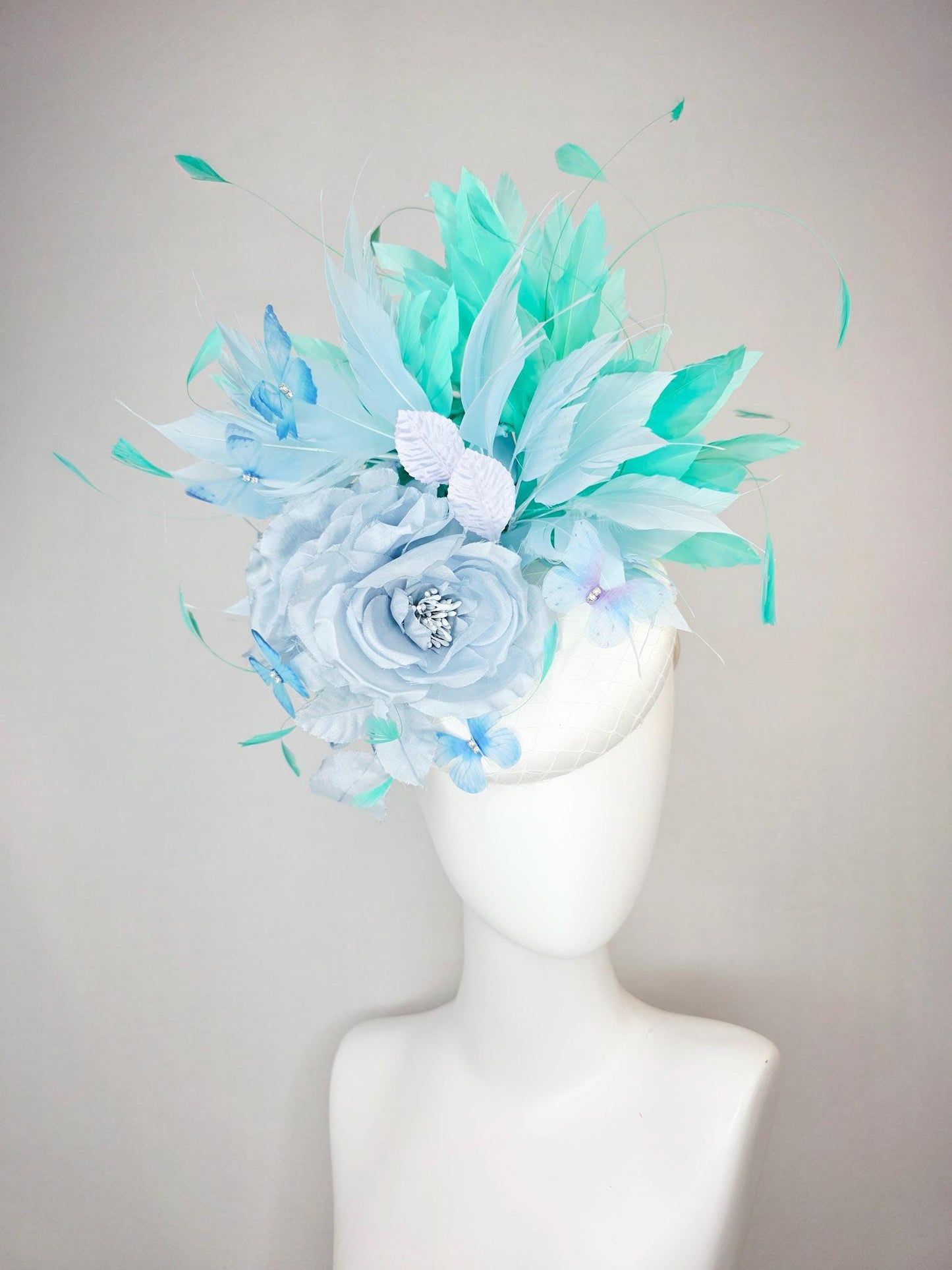 kentucky derby hat fascinator white satin with netting light blue organza rose light blue green mint aqua feathers sky blue butterflies