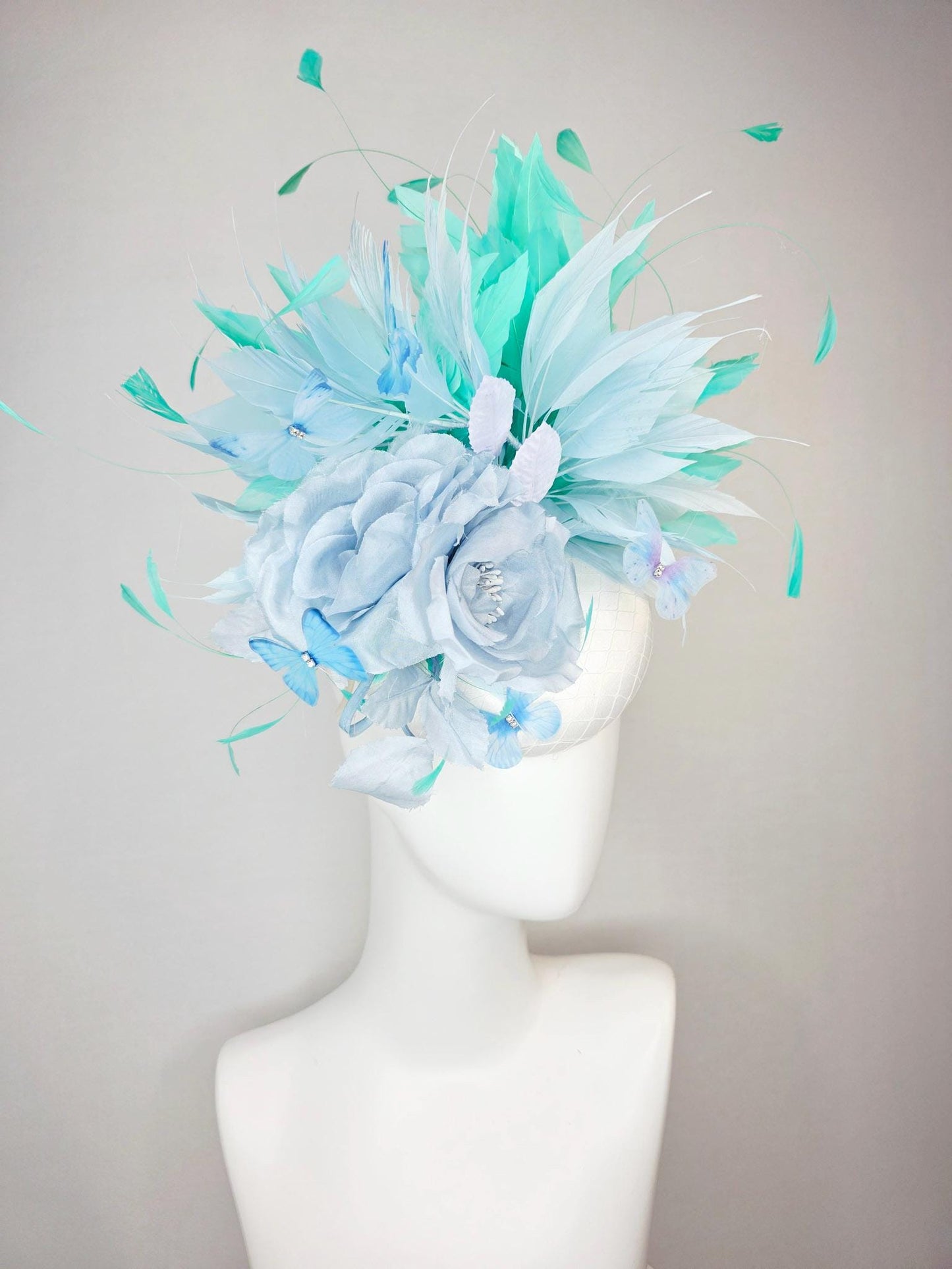 kentucky derby hat fascinator white satin with netting light blue organza rose light blue green mint aqua feathers sky blue butterflies