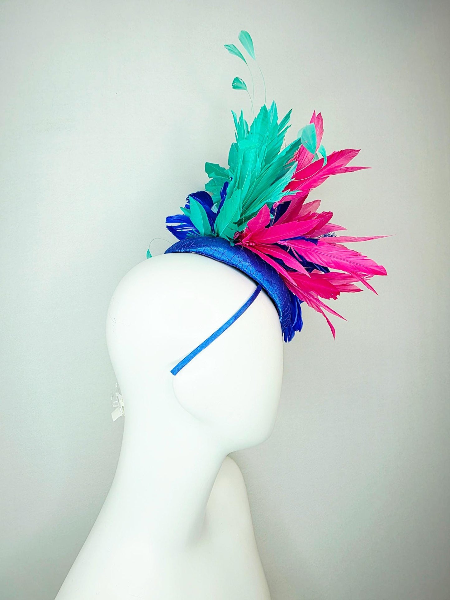 kentucky derby hat fascinator cobalt royal blue satin with netting pink feather flowers cobalt blue and mint aqua green branching feathers