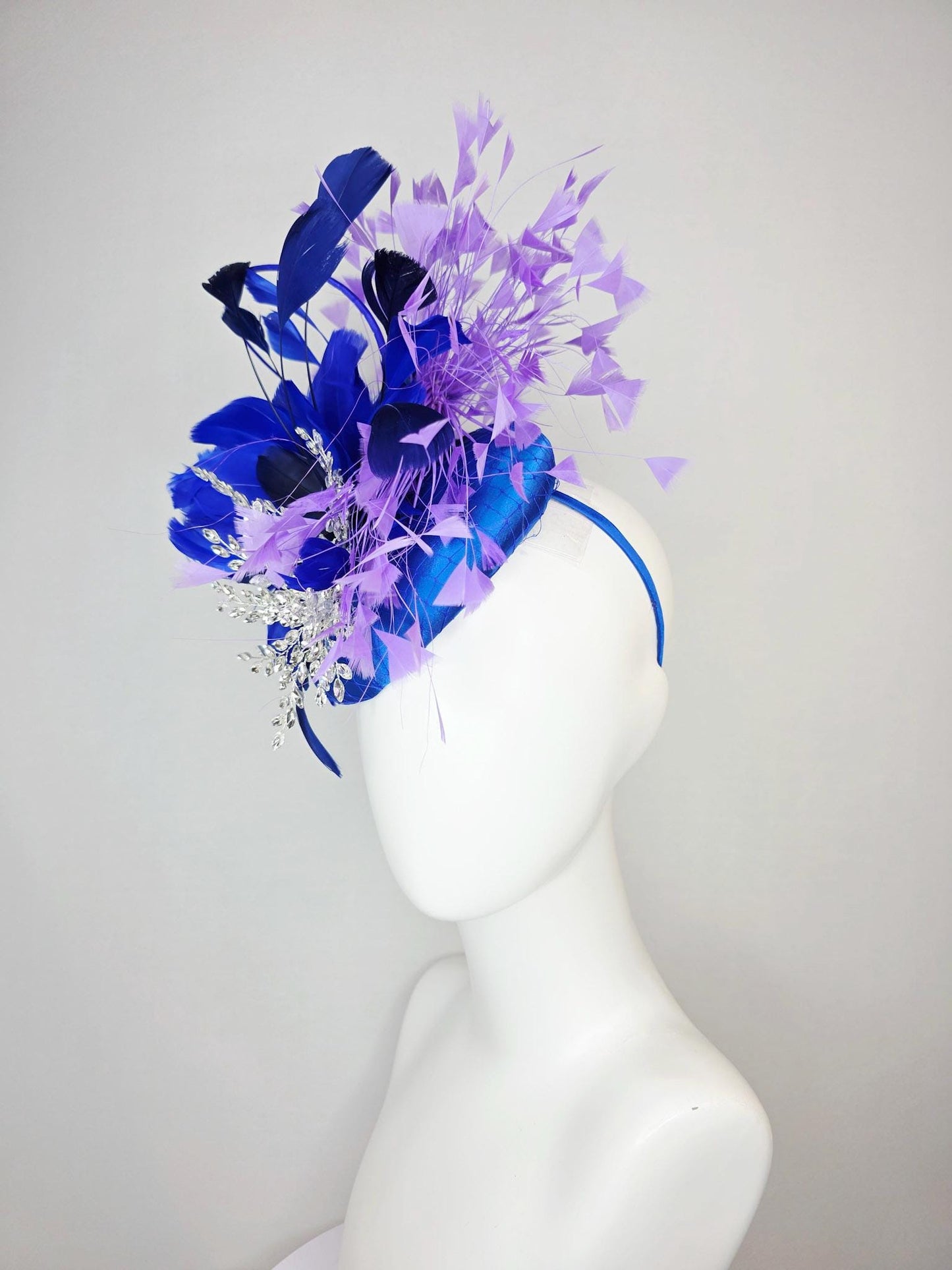 kentucky derby hat fascinator cobalt royal blue satin with netting leaf vine crystal clear rhinestone cobalt blue lavender purple feathers