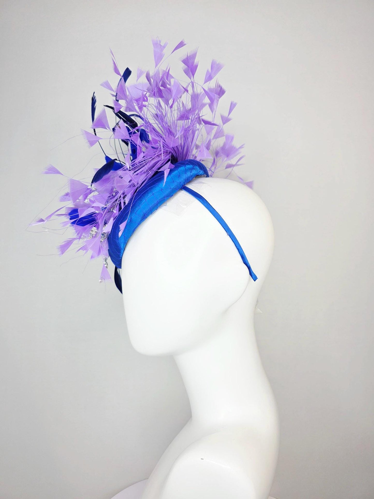 kentucky derby hat fascinator cobalt royal blue satin with netting leaf vine crystal clear rhinestone cobalt blue lavender purple feathers